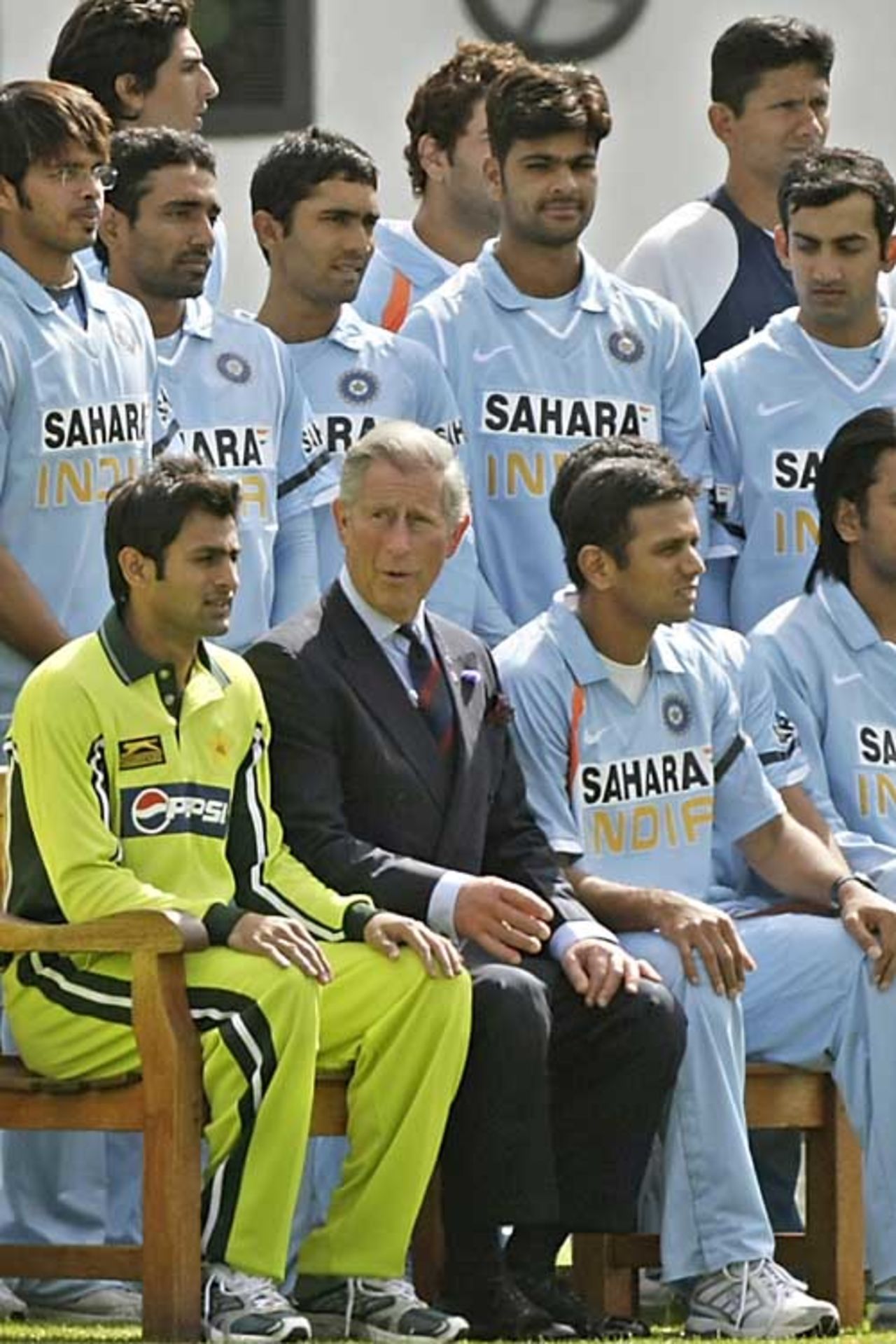 Prince Charles with the Indian and Pakistani team before the 'Friendship Cup' match between India and Pakistan, Citylets Titwood ground, Glasgow, Scotland, July 3, 2007