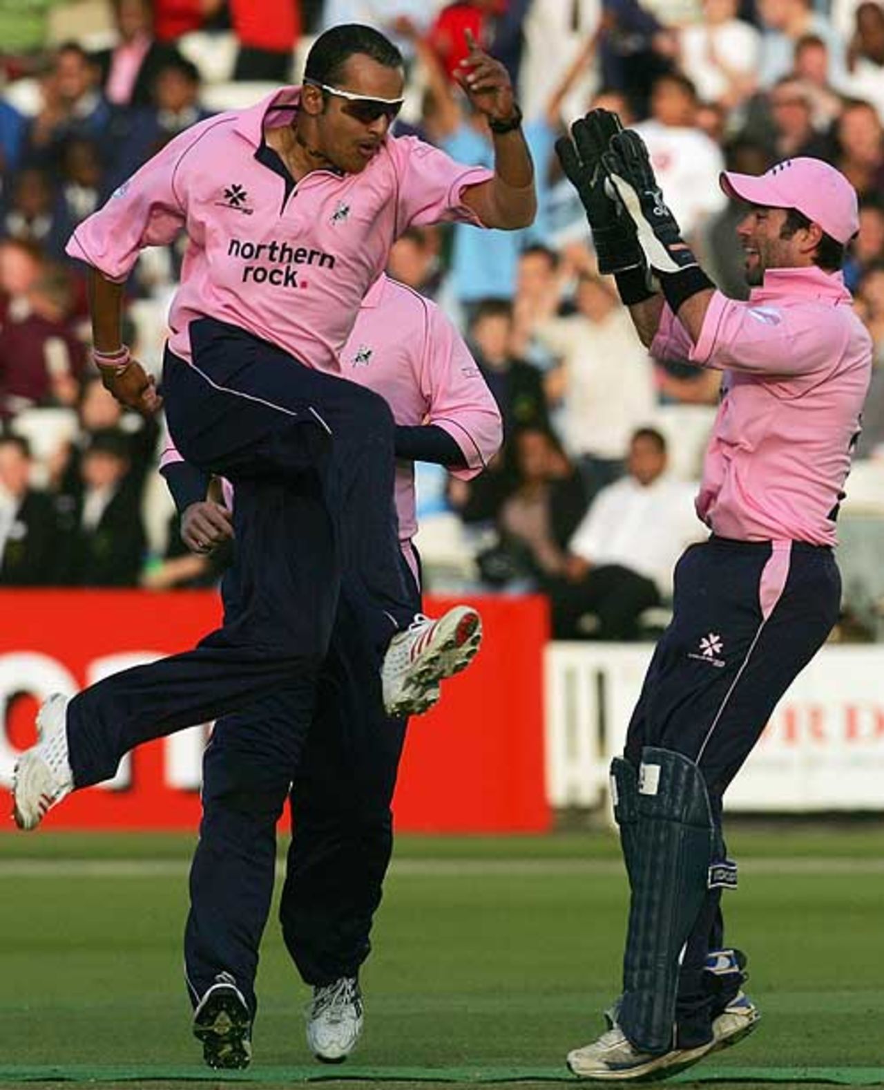 Middlesex's Murali Kartik is all up in joy following the stumping of Essex's Adam Hollioake by Ben Scott, Lord's, July 6, 2007