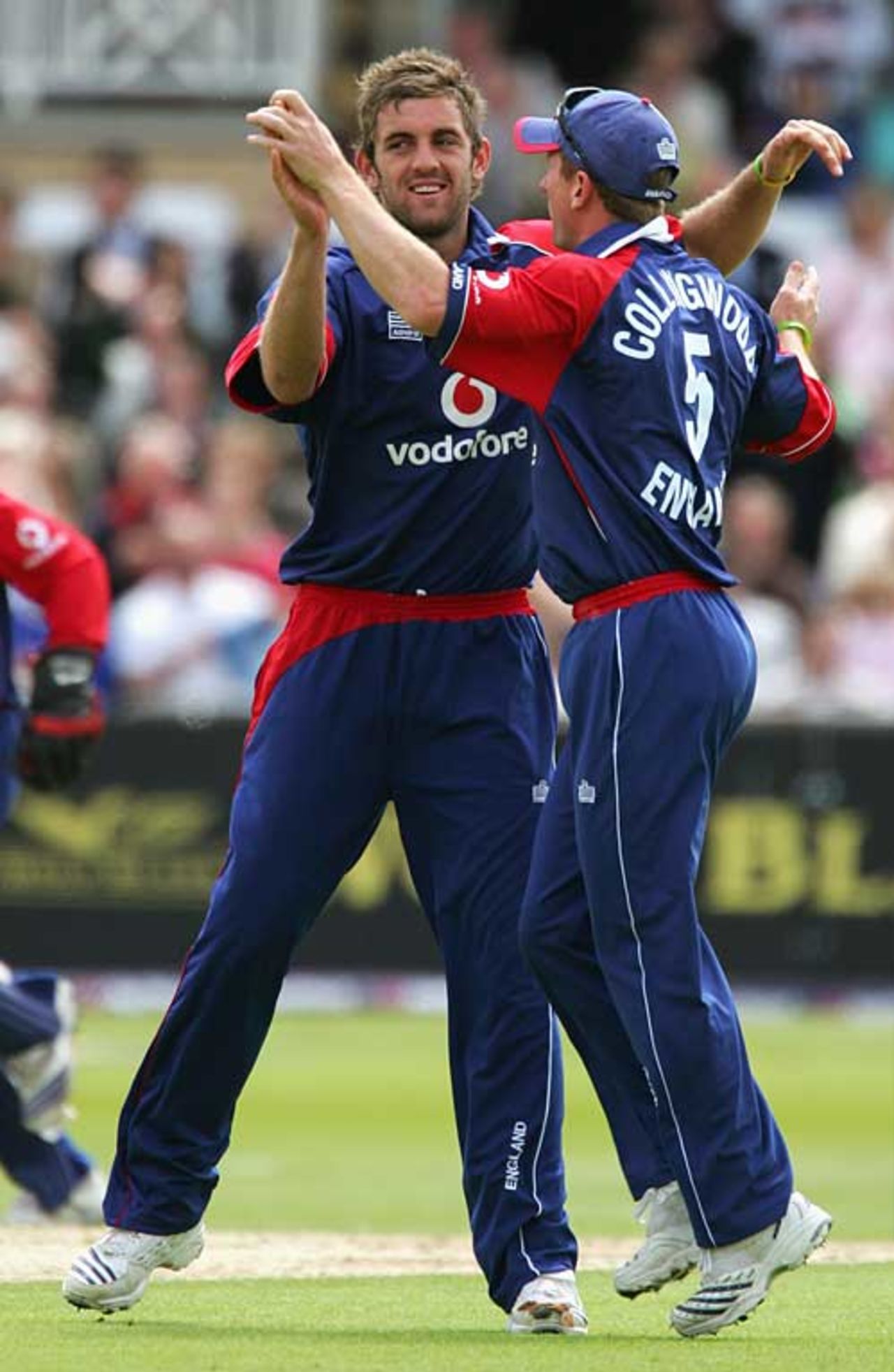 Liam Plunkett and Paul Collingwood enjoy Shivnarine Chanderpaul's wicket, England v West Indies, 3rd ODI, Trent Bridge, July 7, 2007