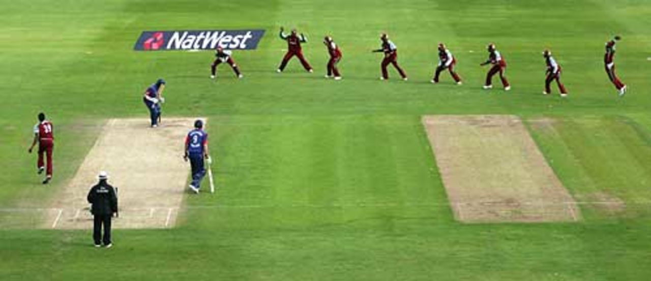 Slipping away: West Indies' fielders line up for England's final wicket, England v West Indies, 3rd ODI, Trent Bridge, July 7, 2007