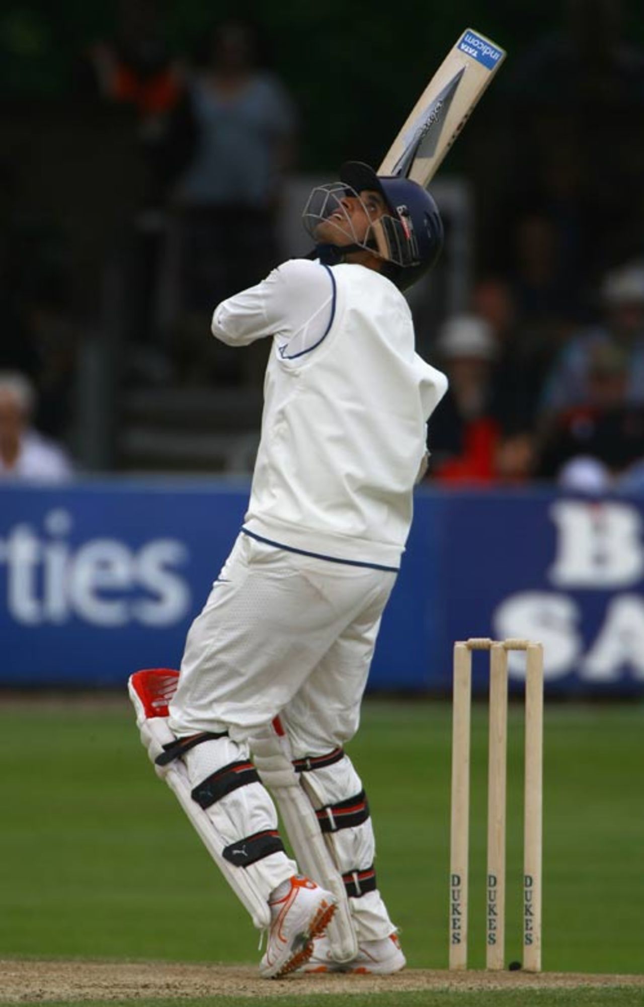 Sourav Ganguly looks up after miscuing a pull which led to his dismissal, England Lions v Indians, Tour match, 2nd day,  Chelmsford, July 14, 2007
