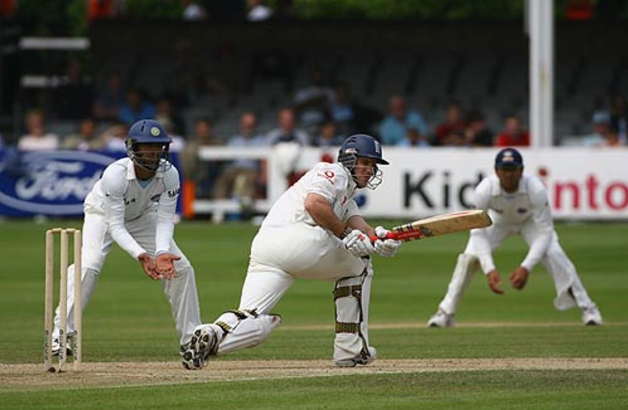 Andrew Strauss sweeps Ramesh Powar to the fence, England Lions v Indians, Tour match, 3rd day,  Chelmsford, July 15, 2007
