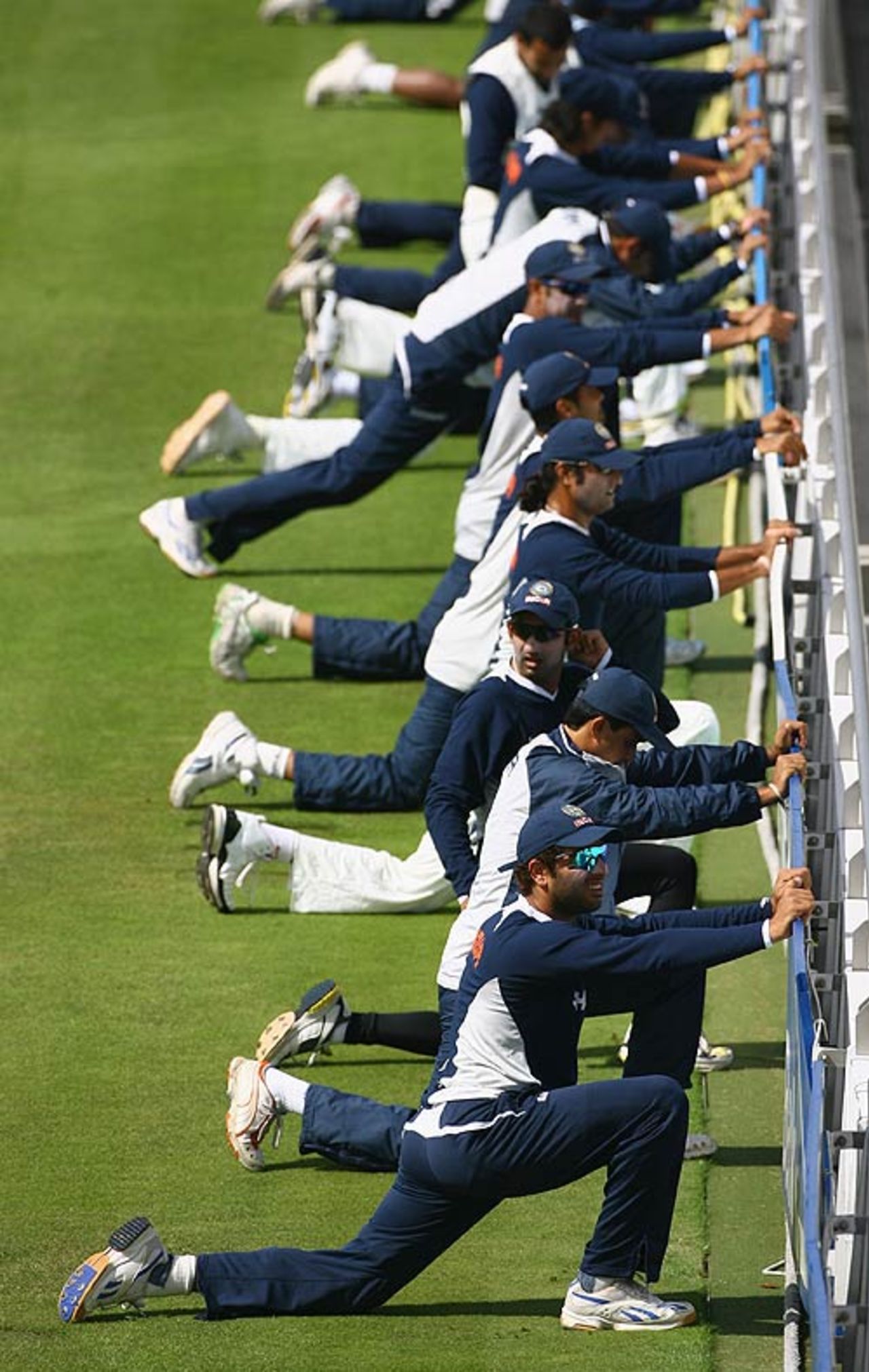 The Indians go through their stretches before a net session, Lord's, July 17, 2007