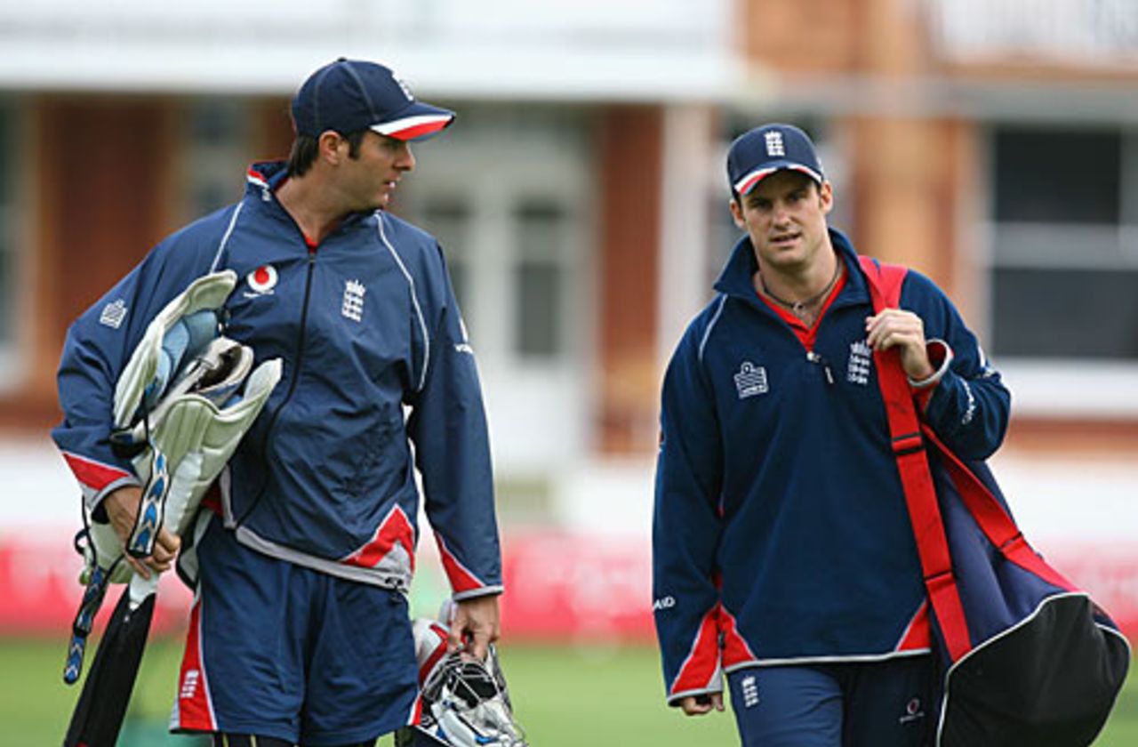 Michael Vaughan and Andrew Strauss head towards the nets at Lord's, England v India, 1st Test, Lord's, July 18, 2007