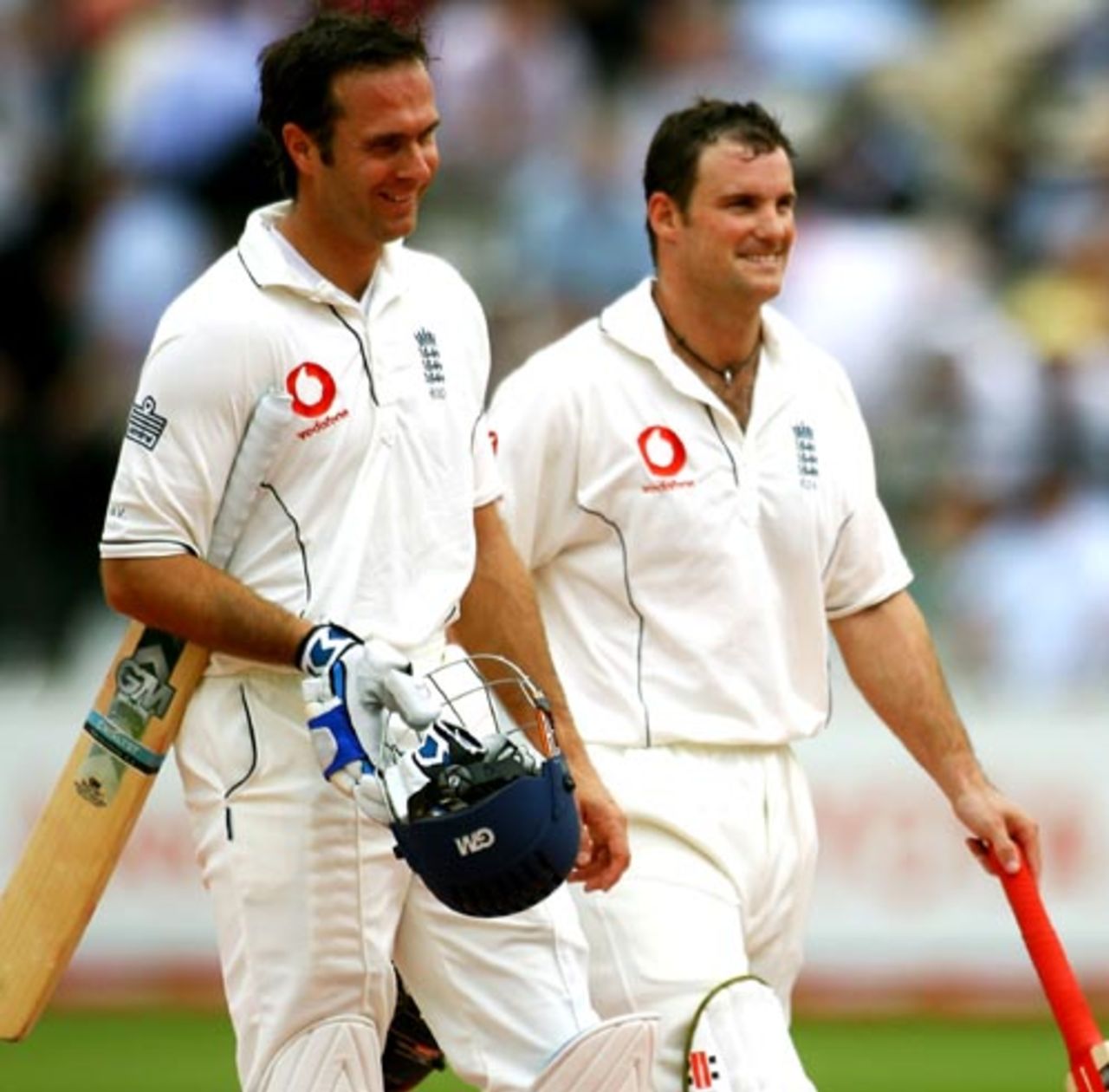 Captain Michael Vaughan and his deputy Andrew Strauss of England walk off for lunch after giving their side a good start, England v India, 1st Test, Lord's, 1st day, July 19, 2007