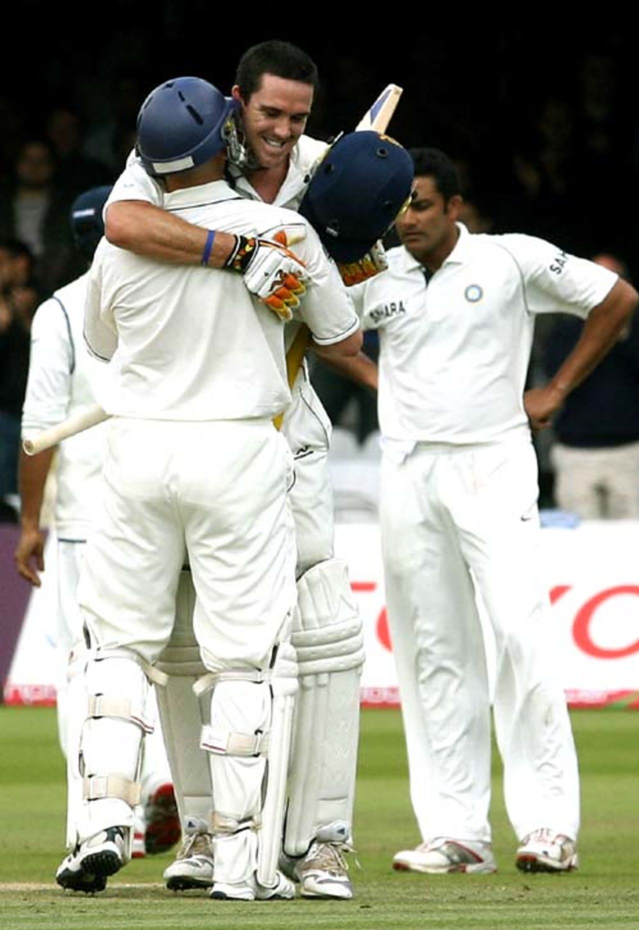 Kevin Pietersen is embraced by Matt Prior after he scored a hundred, England v India, 1st Test, Lord's, 4th day, July 22, 2007