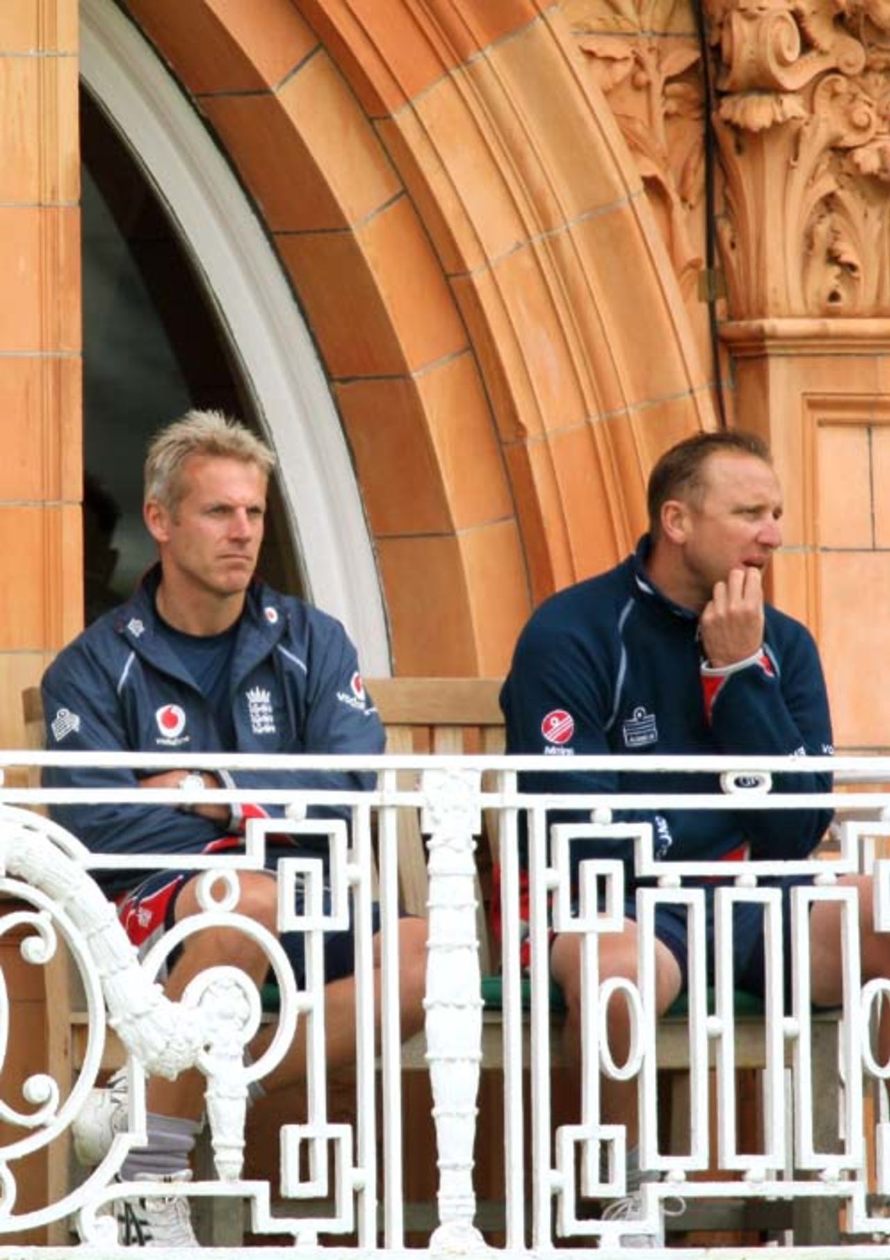 Peter Moores and Allan Donald watch the proceedings from the players balcony, England v India, 1st Test, Lord's, 5th day, July 23, 2007 