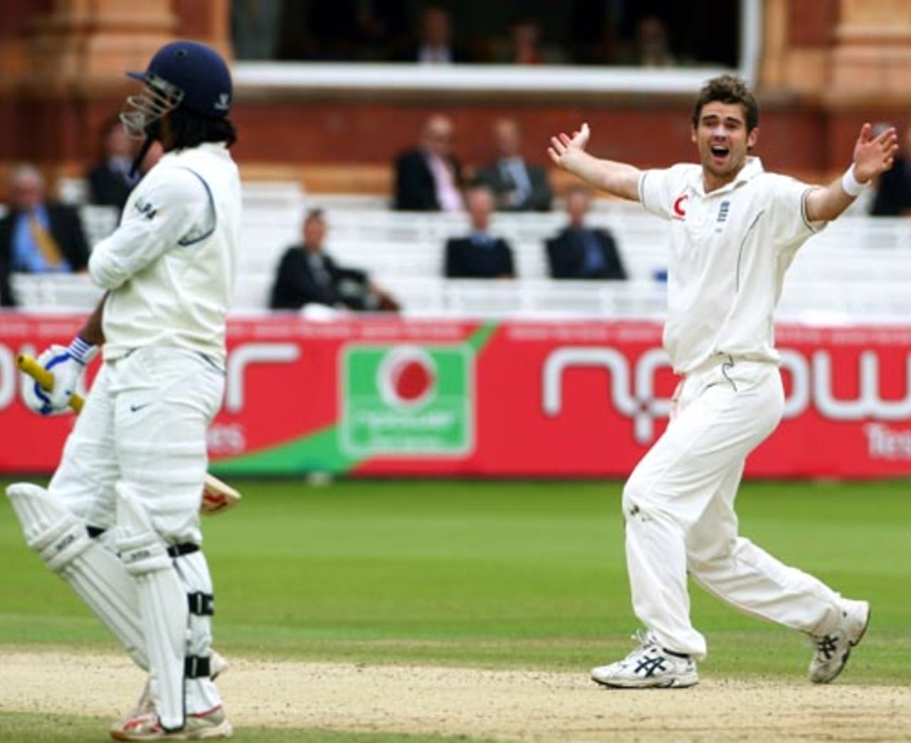 James Anderson looks toward Mahendra Singh Dhoni after his appeal for caught behind was turned down, England v India, 1st Test, Lord's, 5th day, July 23, 2007 