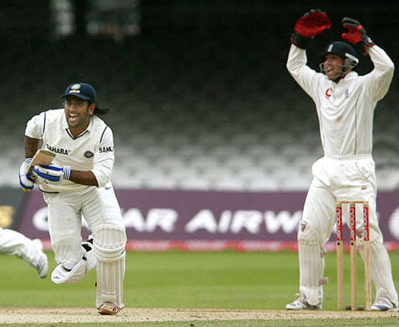 Mahendra Singh Dhoni urges the nonstriker to pick up a quick single while Matt Prior looks on, England v India, 1st Test, Lord's, 5th day, July 23, 2007 

