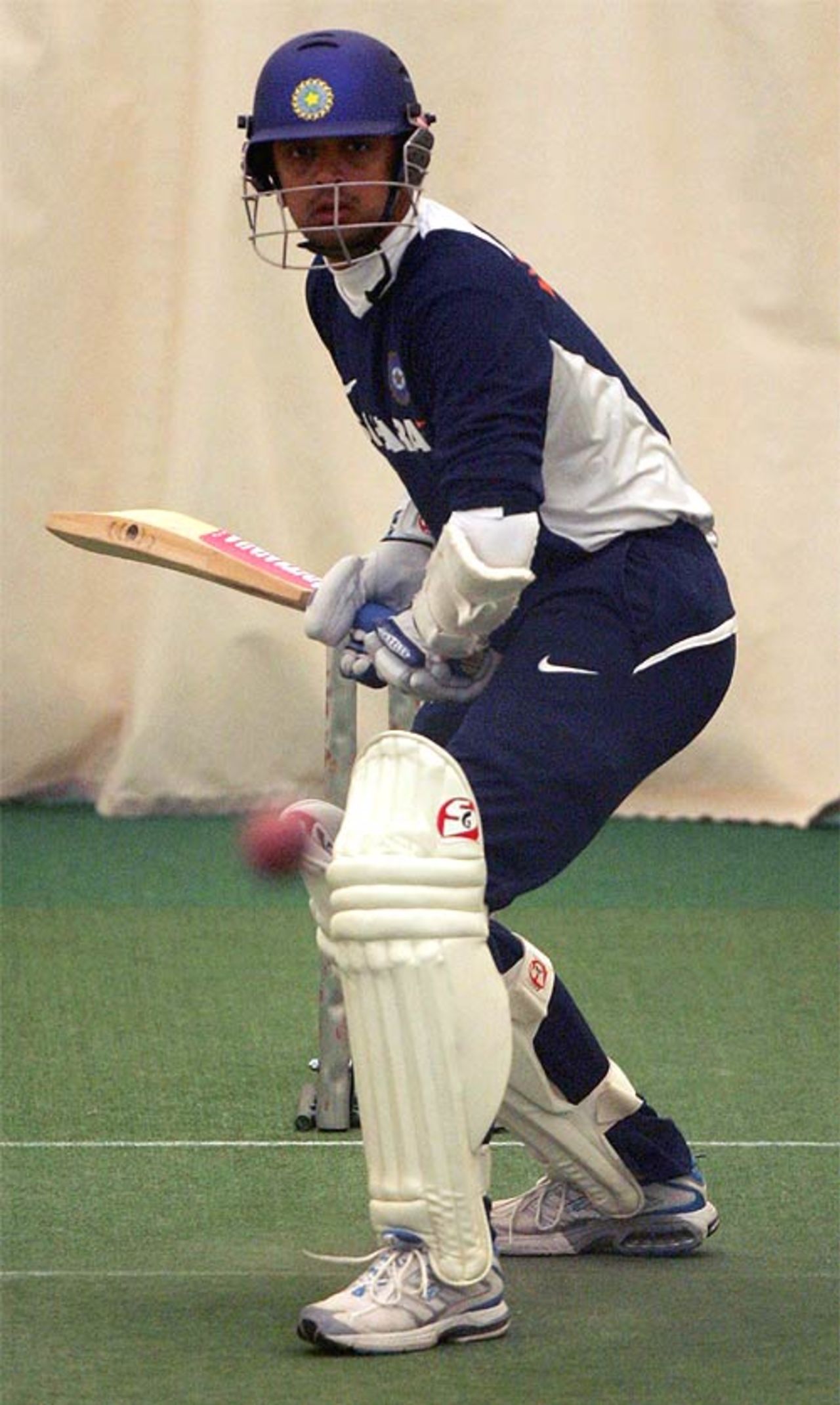 Rahul Dravid prepares to play a shot during the net session, July 25, 2007