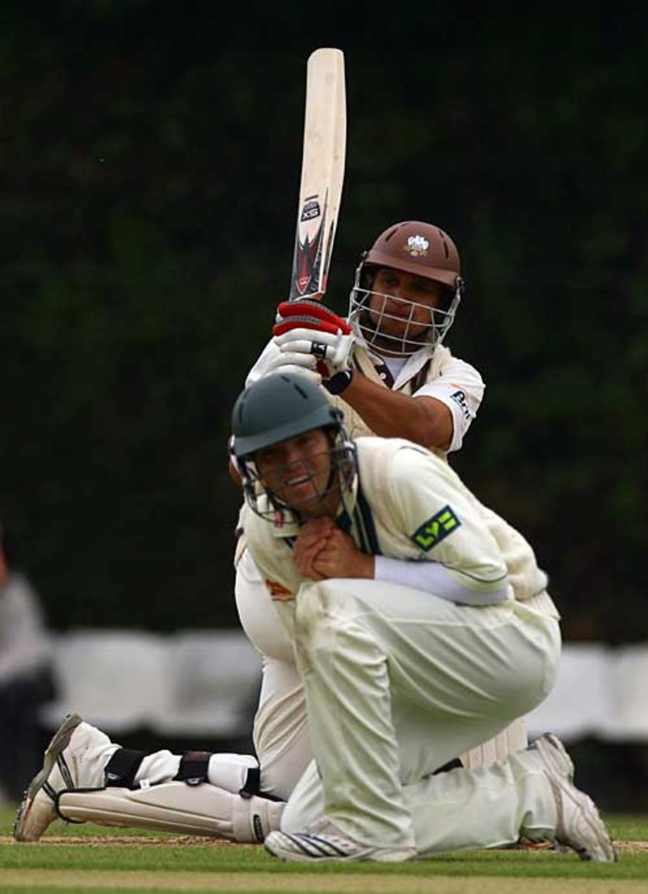 Short leg takes cover as Mark Butcher sweeps, Surrey v Worcestershire, County Championship, Guildford, July 26, 2007