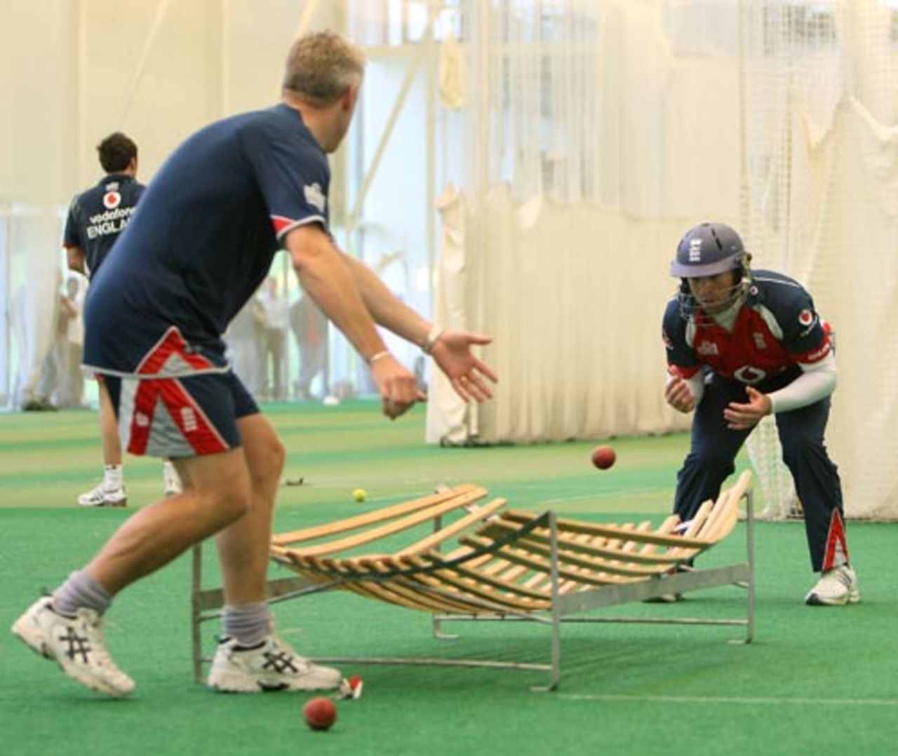 Matt Prior sharpens his reflexes during a practice session at the National Cricket Academy, Loughborough, July 26, 2007
