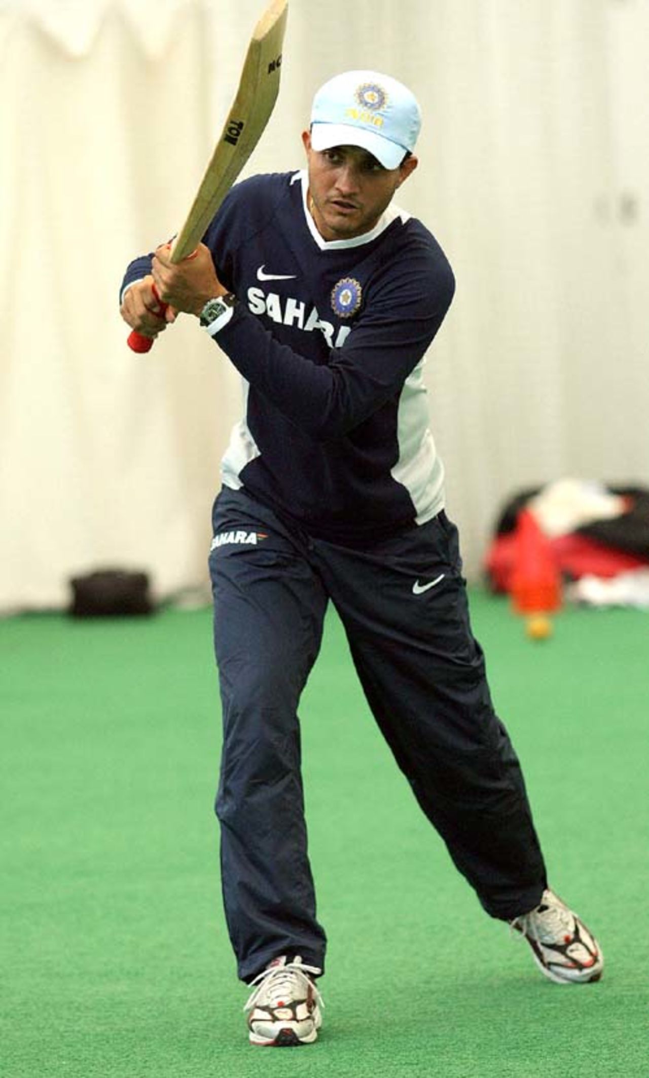 Sourav Ganguly bats during an indoor training session at the National Cricket Academy, Loughborough, July 26, 2007