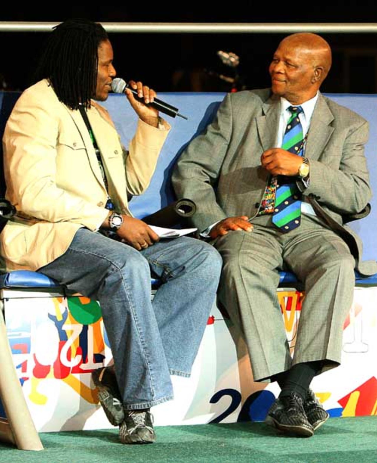  ICC president Ray Mali  is interviewed by Pommie Mbangwa, during the launch of the ICC World Twenty20