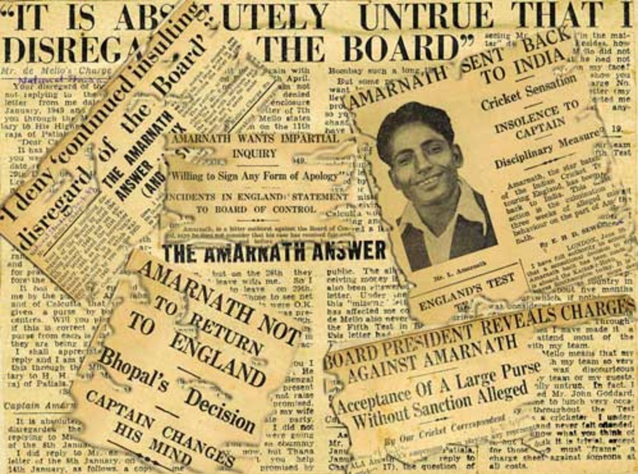 Collage of newspaper headlines about the controversy over Lala Amarnath being sent back from India's England tour of 1936 at the behest of Vizzy
