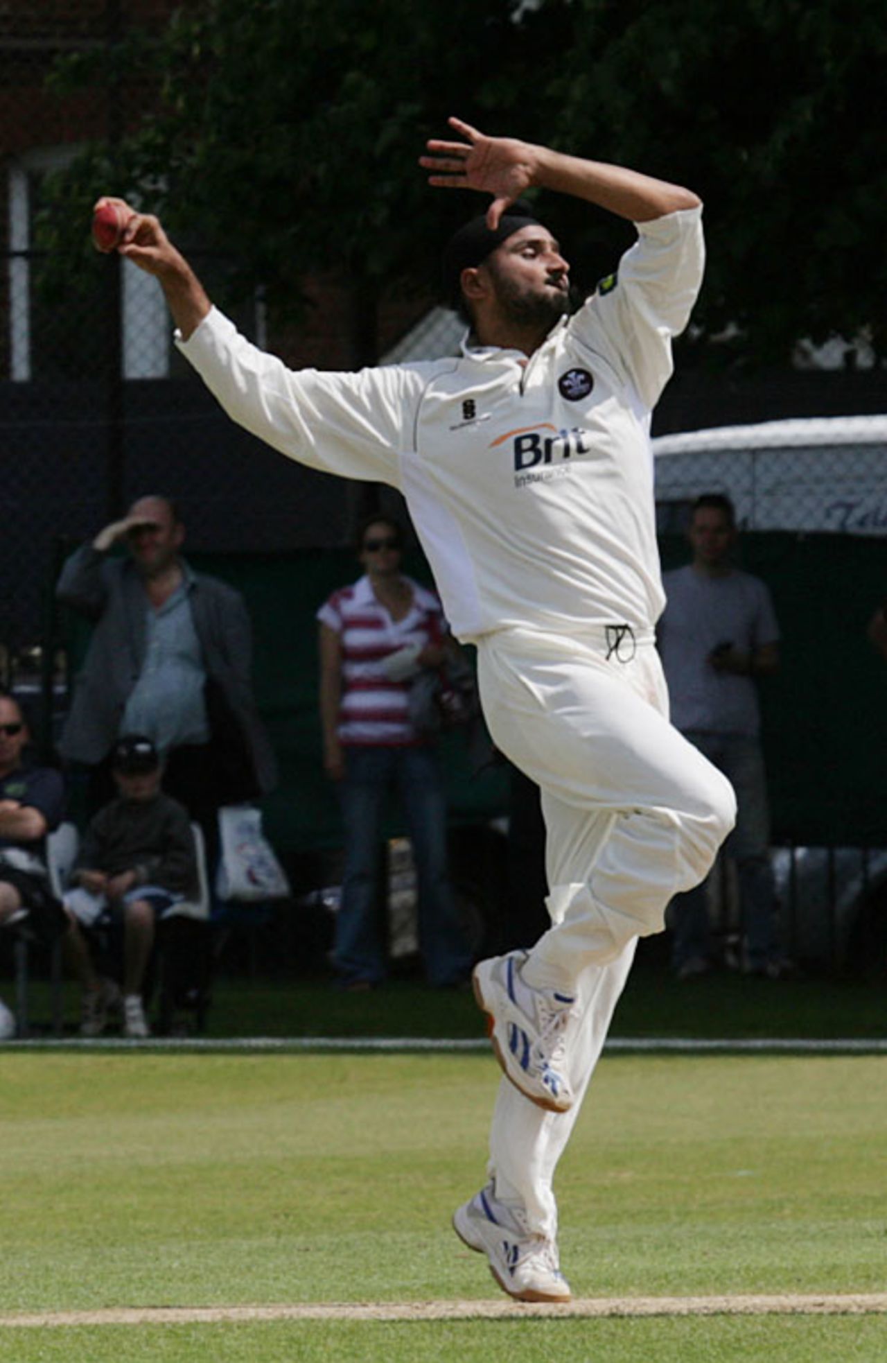 Harbhajan Singh on his way to a second-innings five-for, Surrey v Worcestershire, Guildford, July 28, 2007