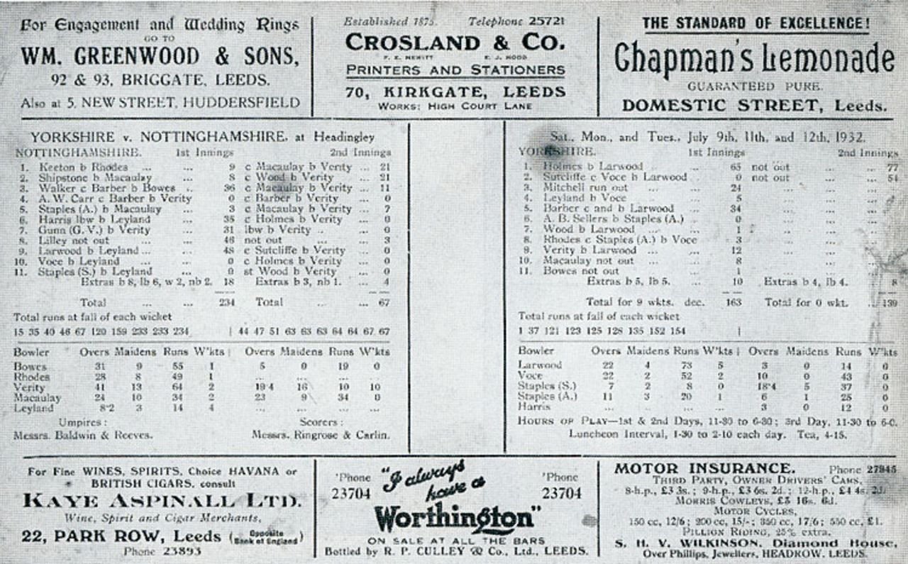 The scorecard from the match where Hedley Verity took 10 for 10, Yorkshire v Nottinghamshire,  Leeds, July 12, 1932