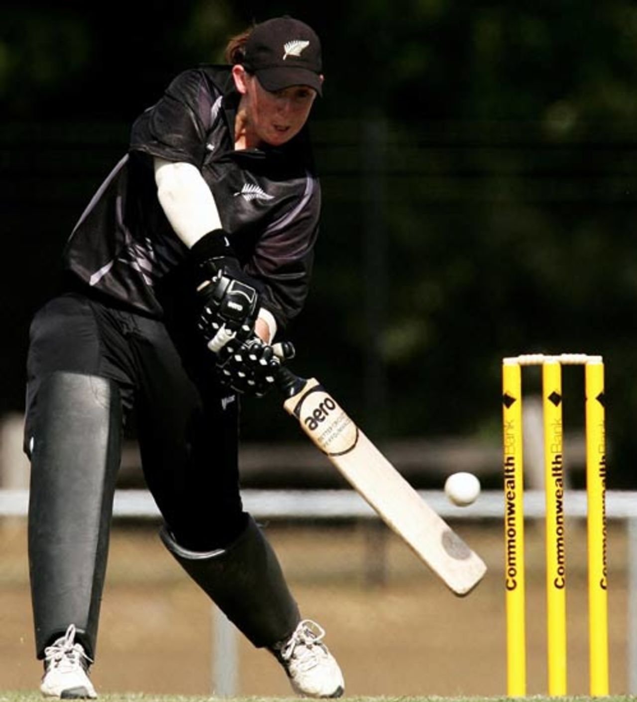 Maria Fahey drives to the off during her knock of 35, Australia women v New Zealand women, 5th ODI, Gardens Oval, Darwin, July 29,2007