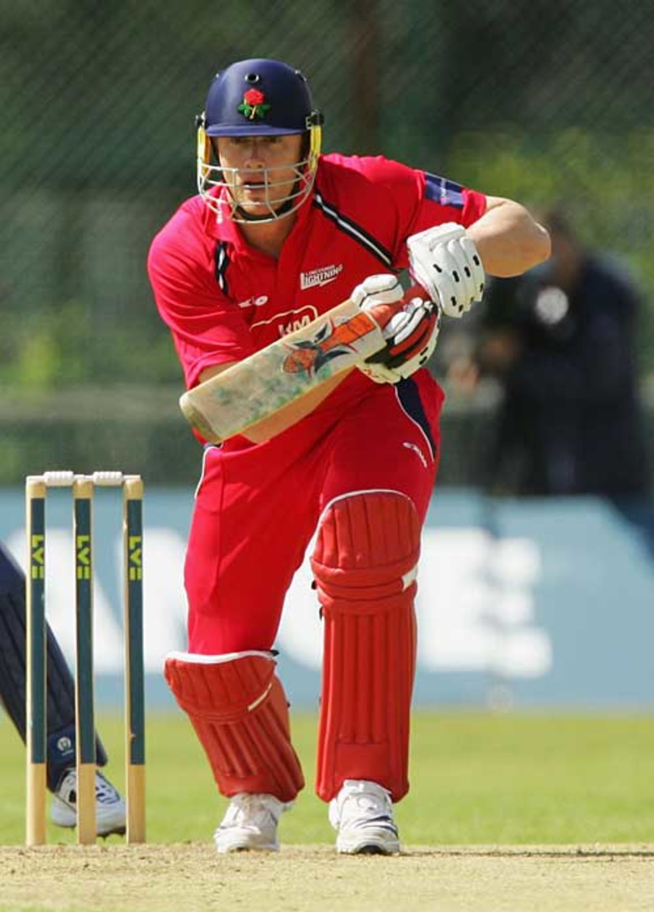 Andrew Flintoff drives during his 25, Lancashire v Sri Lanka A, Tour match, Liverpool, July 29, 2007