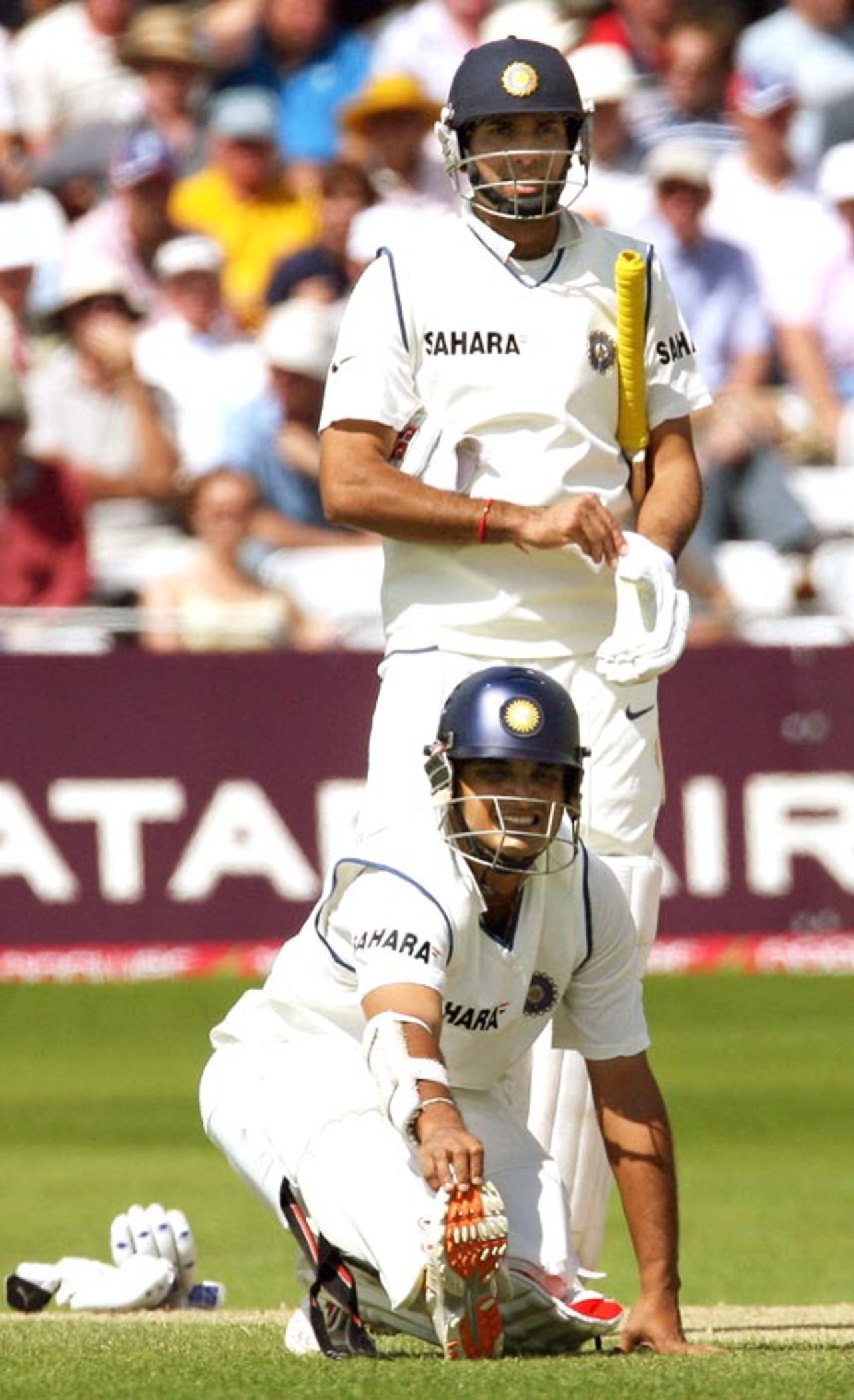 Sourav Ganguly stretches as he struggles with cramps while VVS Laxman looks on, England v India, 2nd Test, Trent Bridge, 3rd day, July 29, 2007
