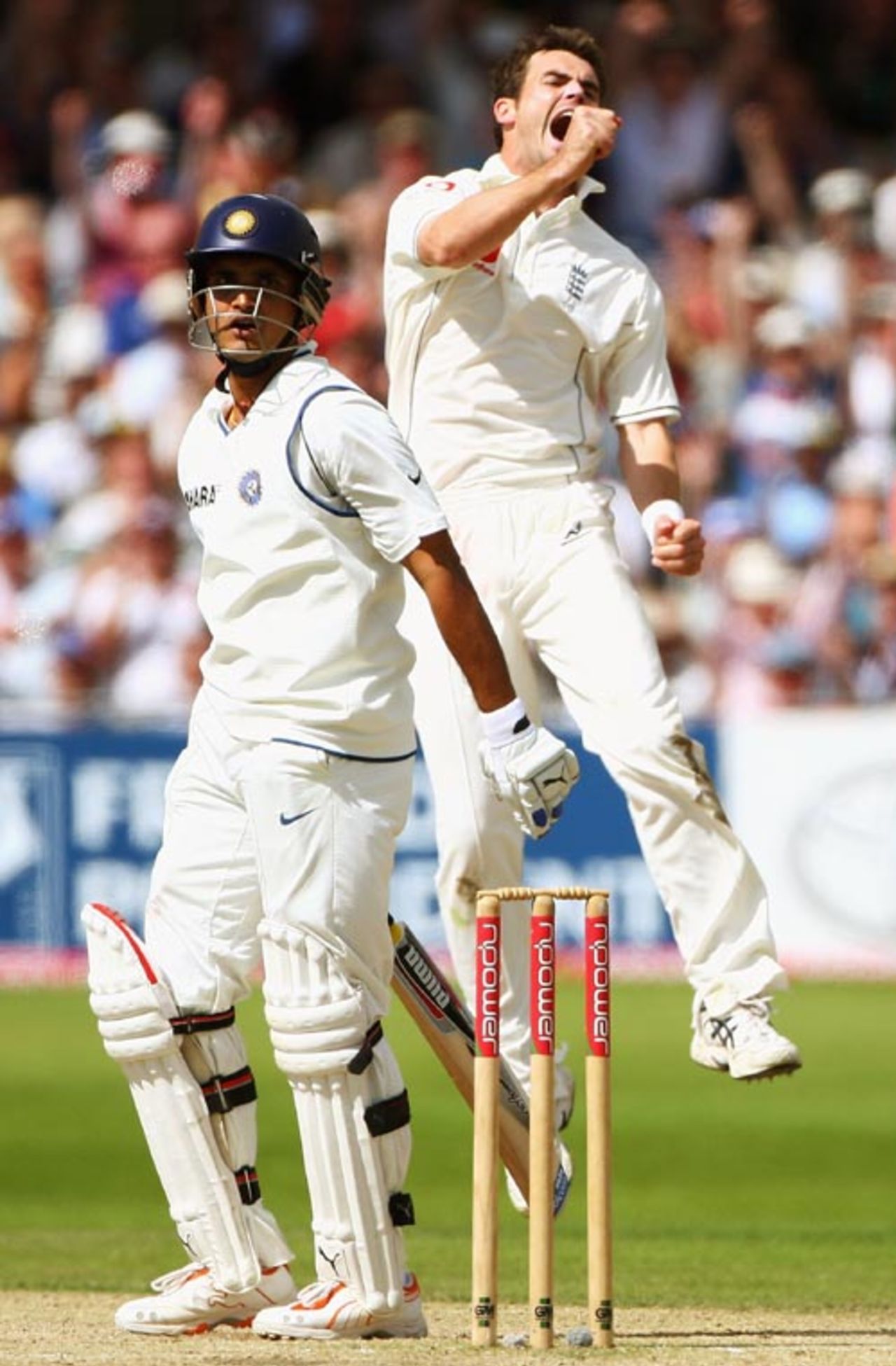 James Anderson is pumped up after getting Sourav Ganguly caught behind for 79, England v India, 2nd Test, Trent Bridge, 3rd day, July 29, 2007
