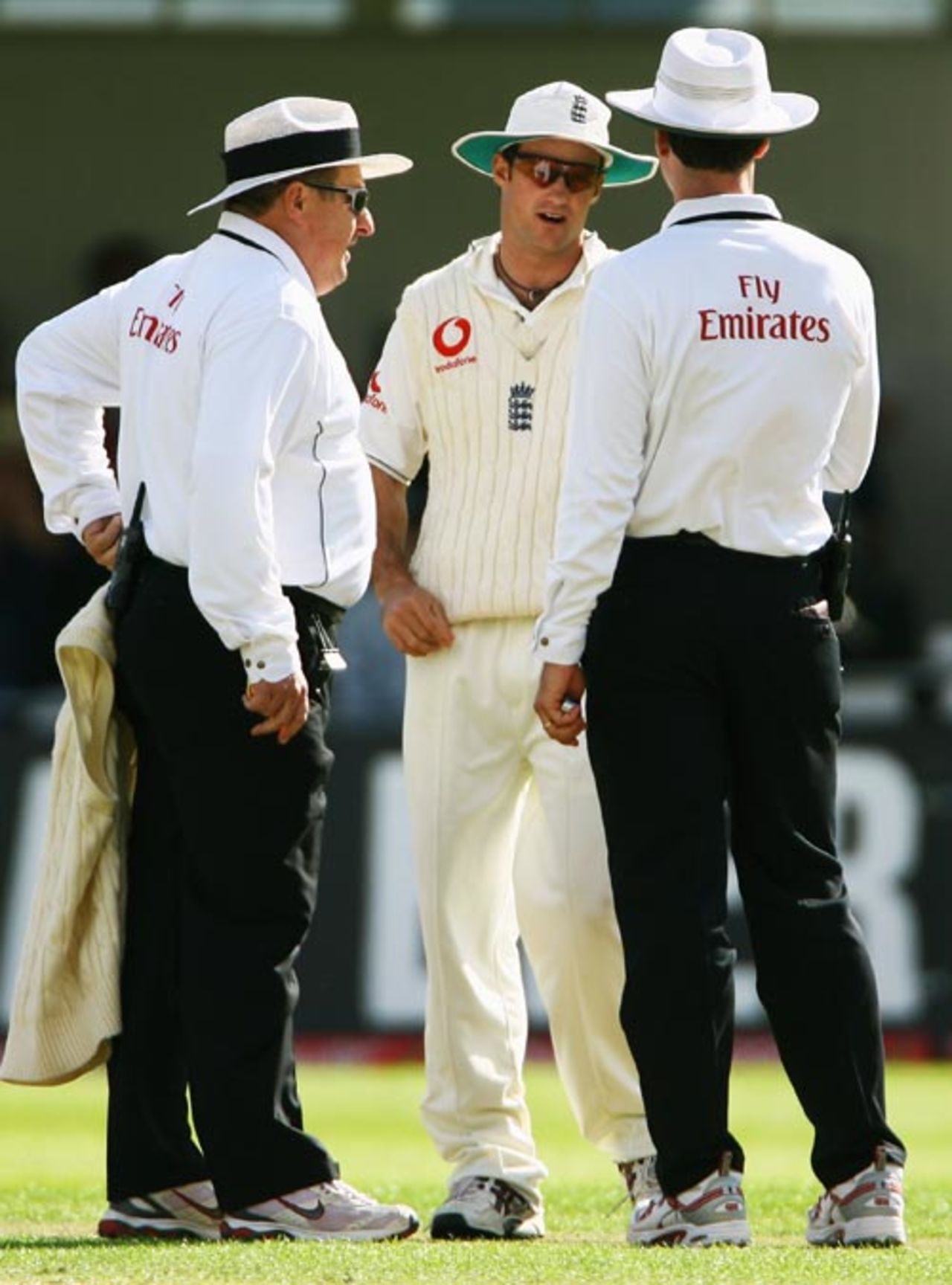 Andrew Strauss, the stand-in captain, talks with Simon Taufel and Ian Howell after a heated incident involving Kevin Pietersen and Zaheer Khan, England v India, 2nd Test, Trent Bridge, 3rd day, July 29, 2007