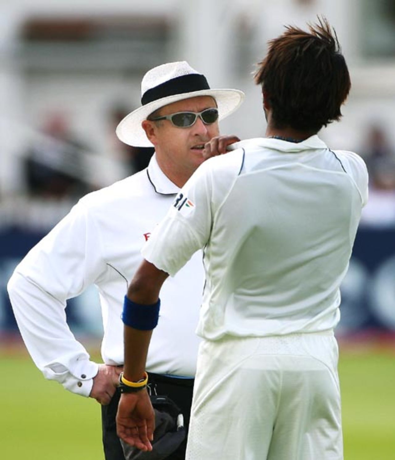 The shoulder-barge attack. Ian Howell has a word with Sreesanth who shoved Michael Vaughan,  England v India, 2nd Test, Trent Bridge, 4th day, July 30, 2007