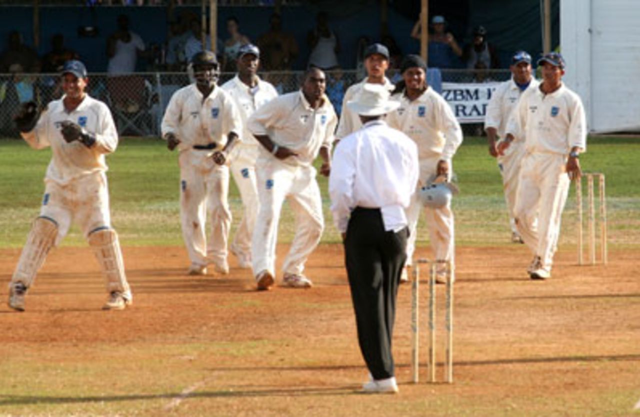 St George's pacer George O'Brien celebrates claiming the wicket of Derrick Brangman during Cup Match. The game ended in a draw. Somerset v St Georges, Cup Match, August 2, 2007