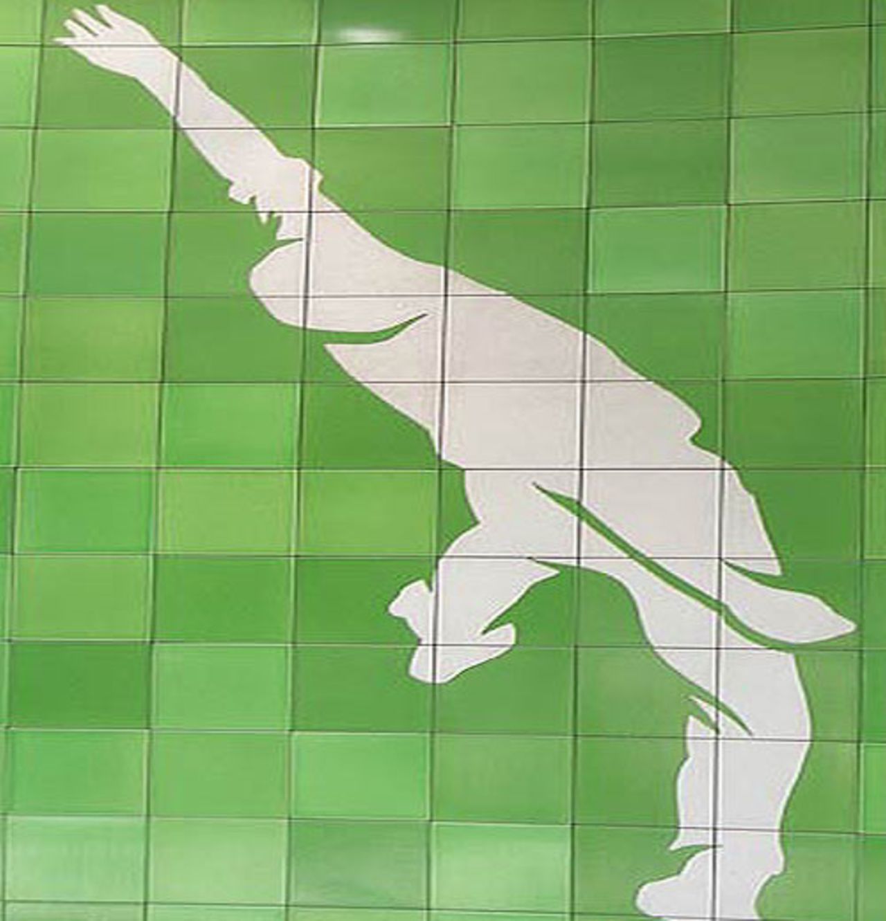 Painting of Gordon Rorke's bowling action, Oval tube station, London, August 7, 2007