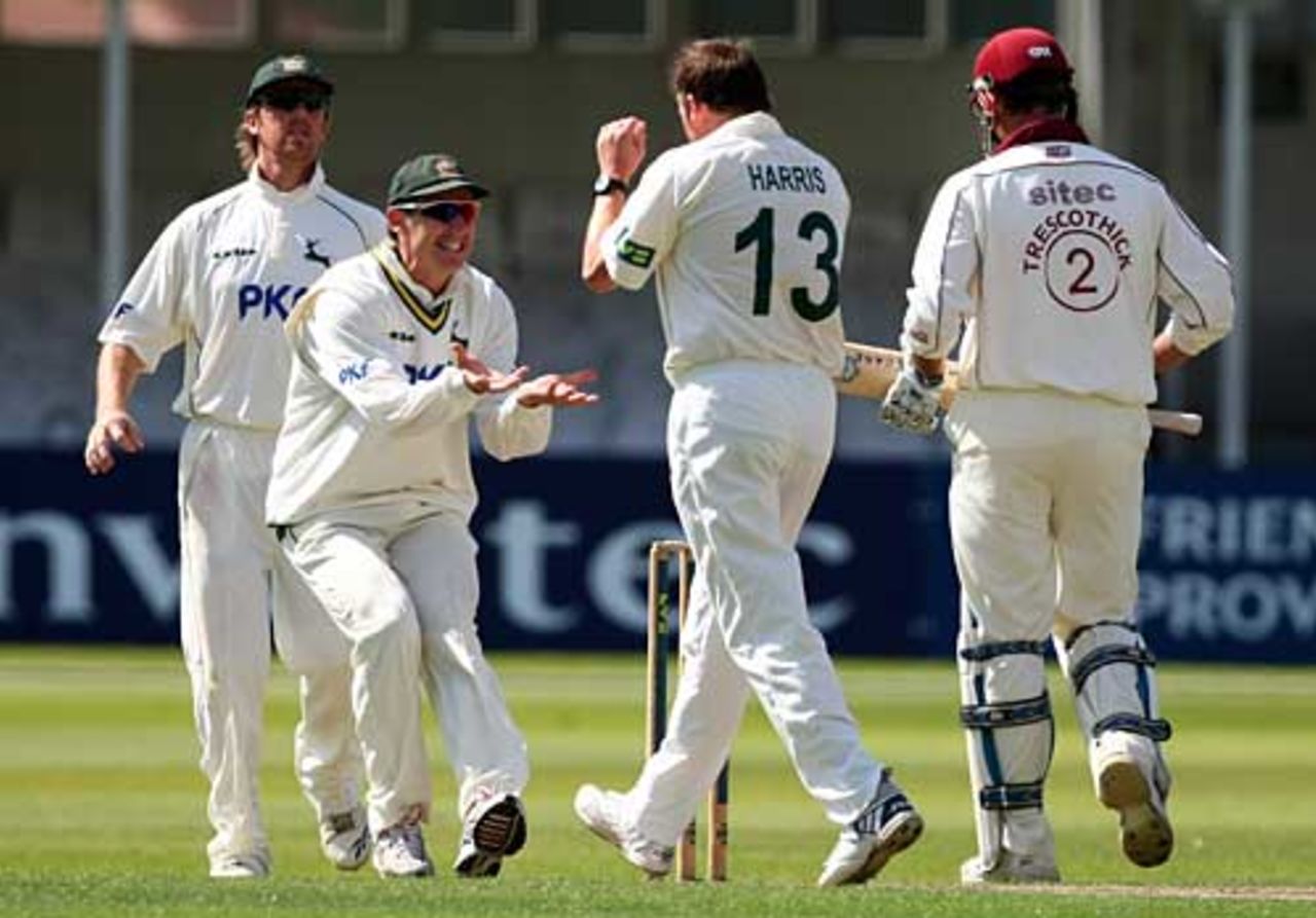 Andy Harris is congratulated on removing Marcus Trescothick, Nottinghamshire v Somerset, County Championship, Trent Bridge, August 9, 2007