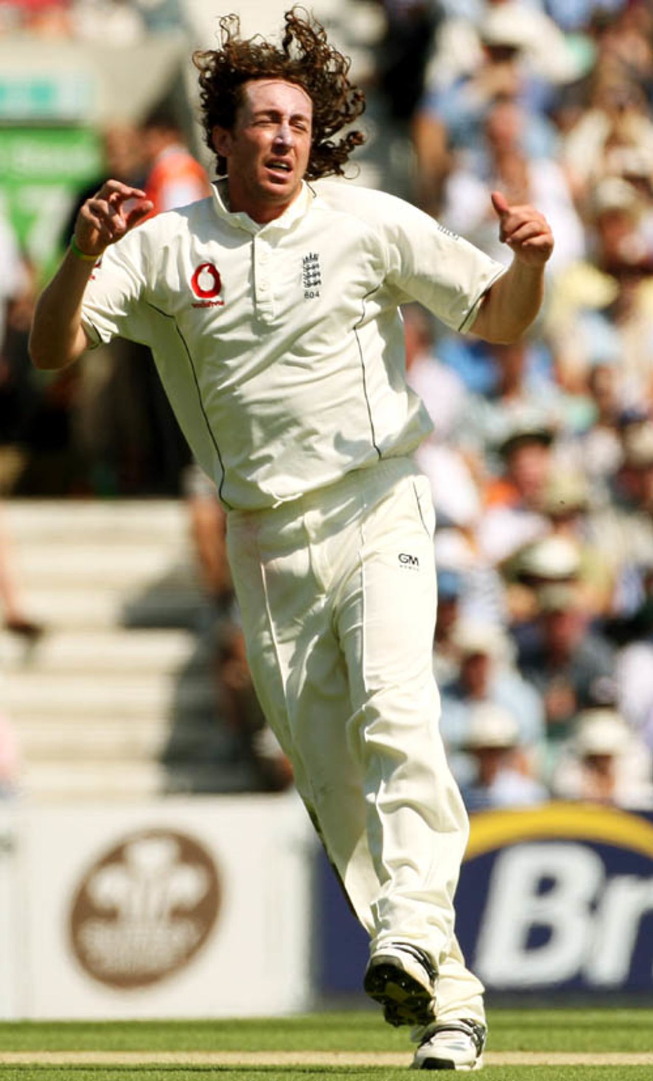 Ryan Sidebottom reacts after seeing Matt Prior drop a catch off his bowling, England v India, 3rd Test, The Oval, 2nd day, August 10, 2007