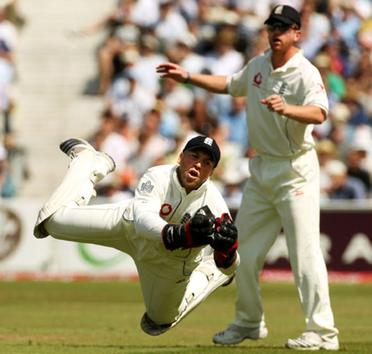 Matt Prior dives for the ball watched by Paul Collingwood, England v India, 3rd Test, The Oval, 2nd day, August 10, 2007