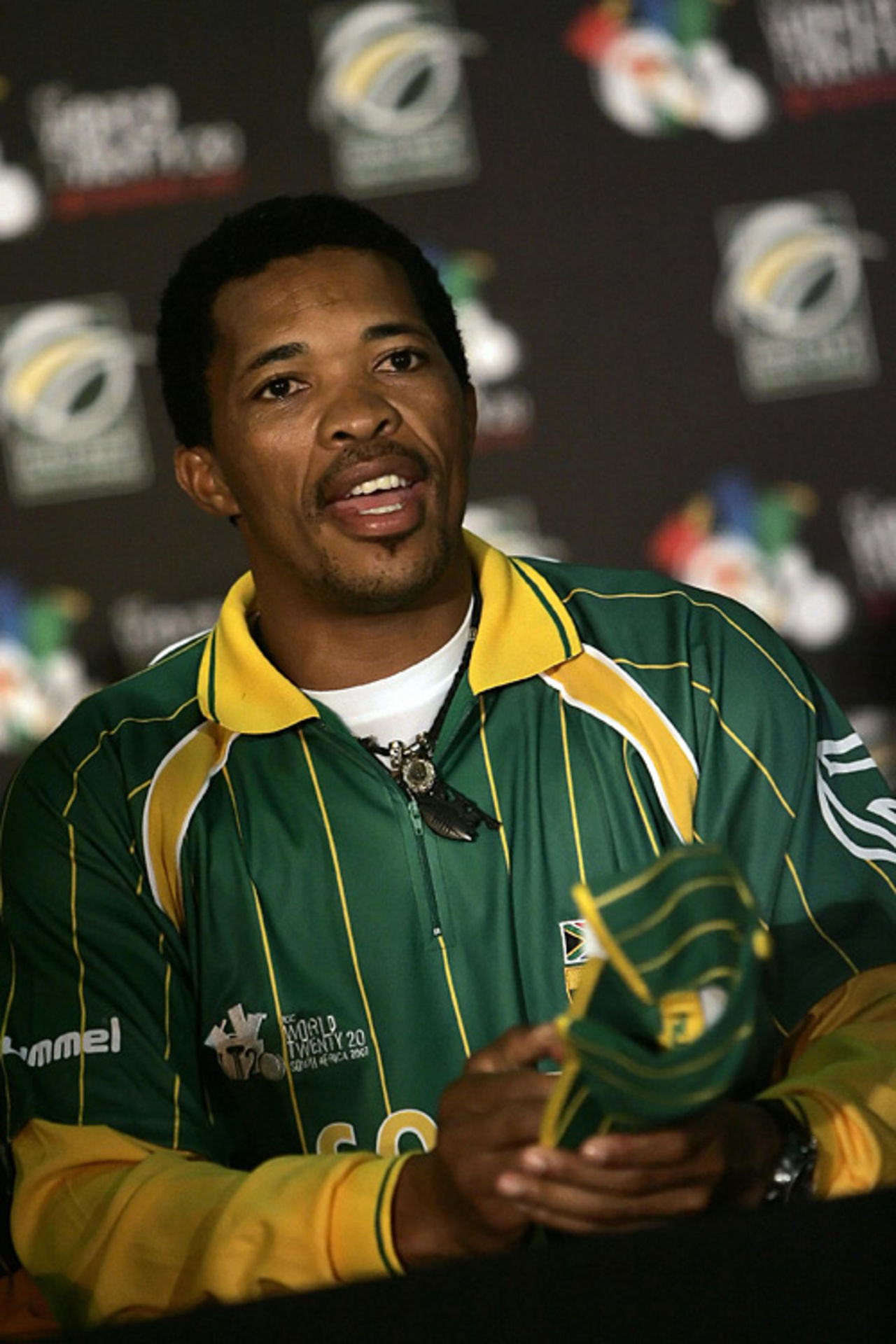 Makhaya Ntini faces the media at the Twenty20 World Championship ceremony, Cape Town, August 11, 2007