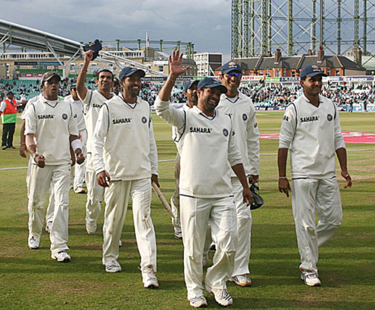 A delighted Sachin Tendulkar leads India off the field at the close. Although the match was drawn, India won the series 1-0, England v India, 3rd Test, The Oval, 5th day, August 13, 2007