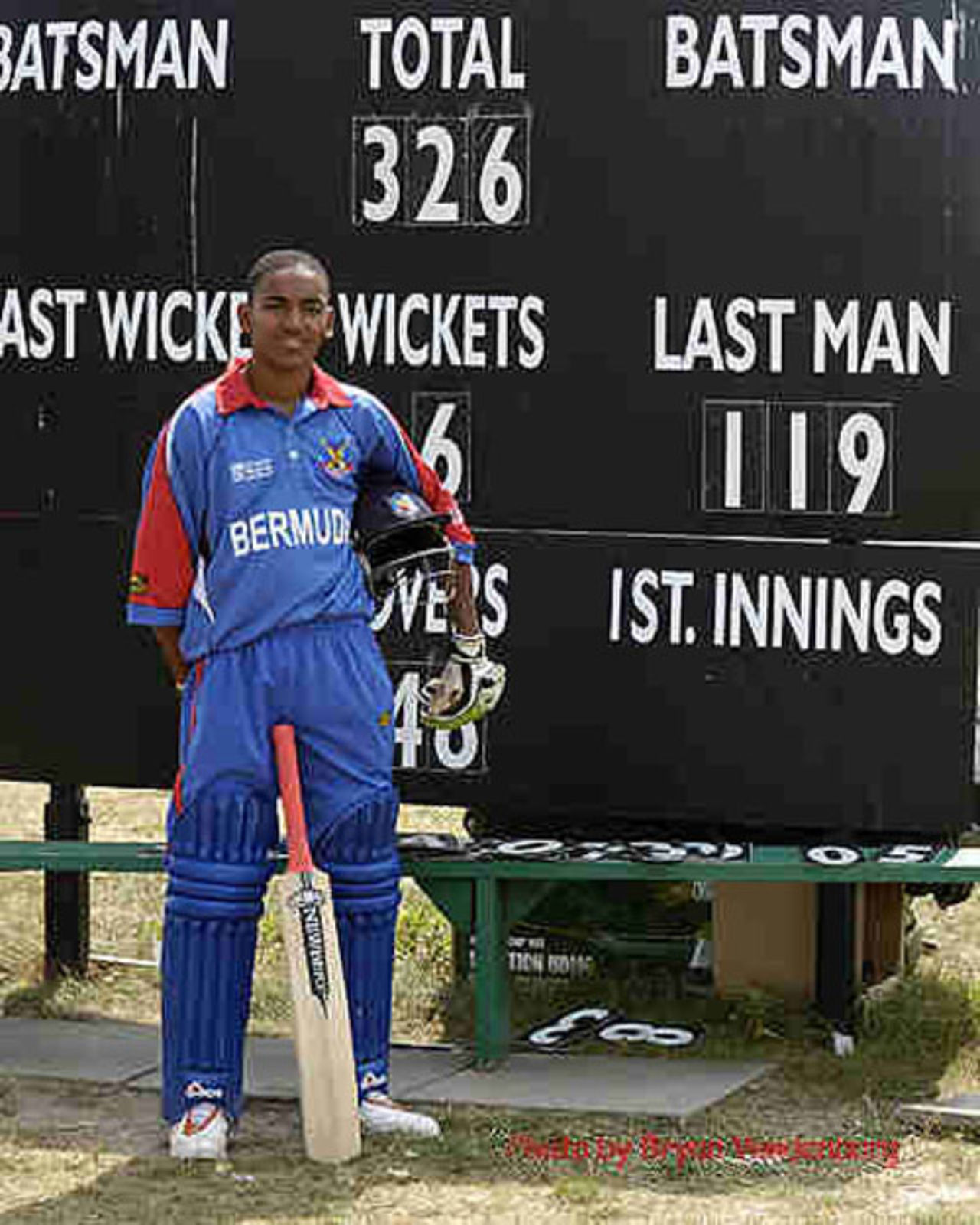 Terryn Fray poses in front of the scoreboard, Bermuda v Argentina, ICC Americas Under-19 qualifiers, Toronto, August 15, 2007