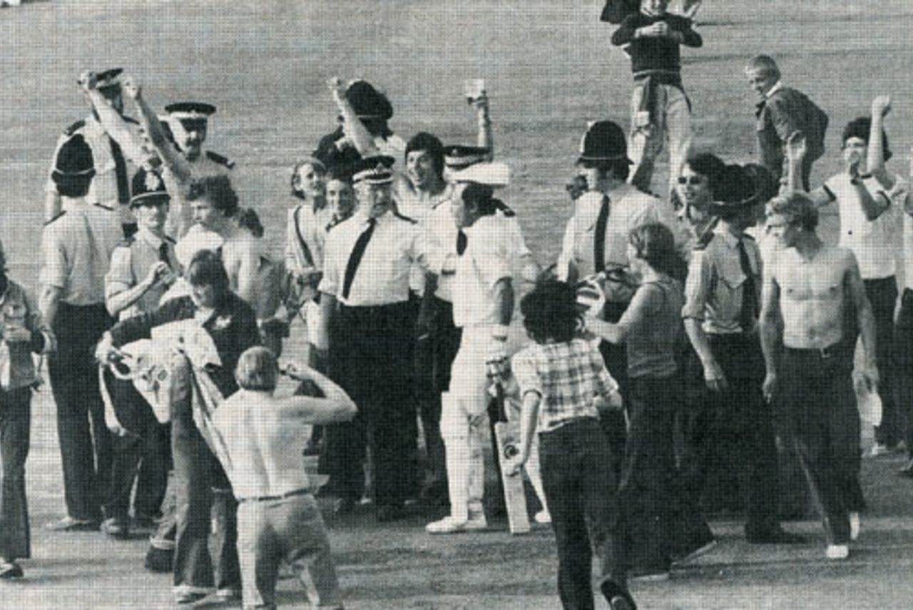 Geoff Boycott is mobbed on reaching his 100th hundred, England v Australia, 4th Test, Headingley, 1977