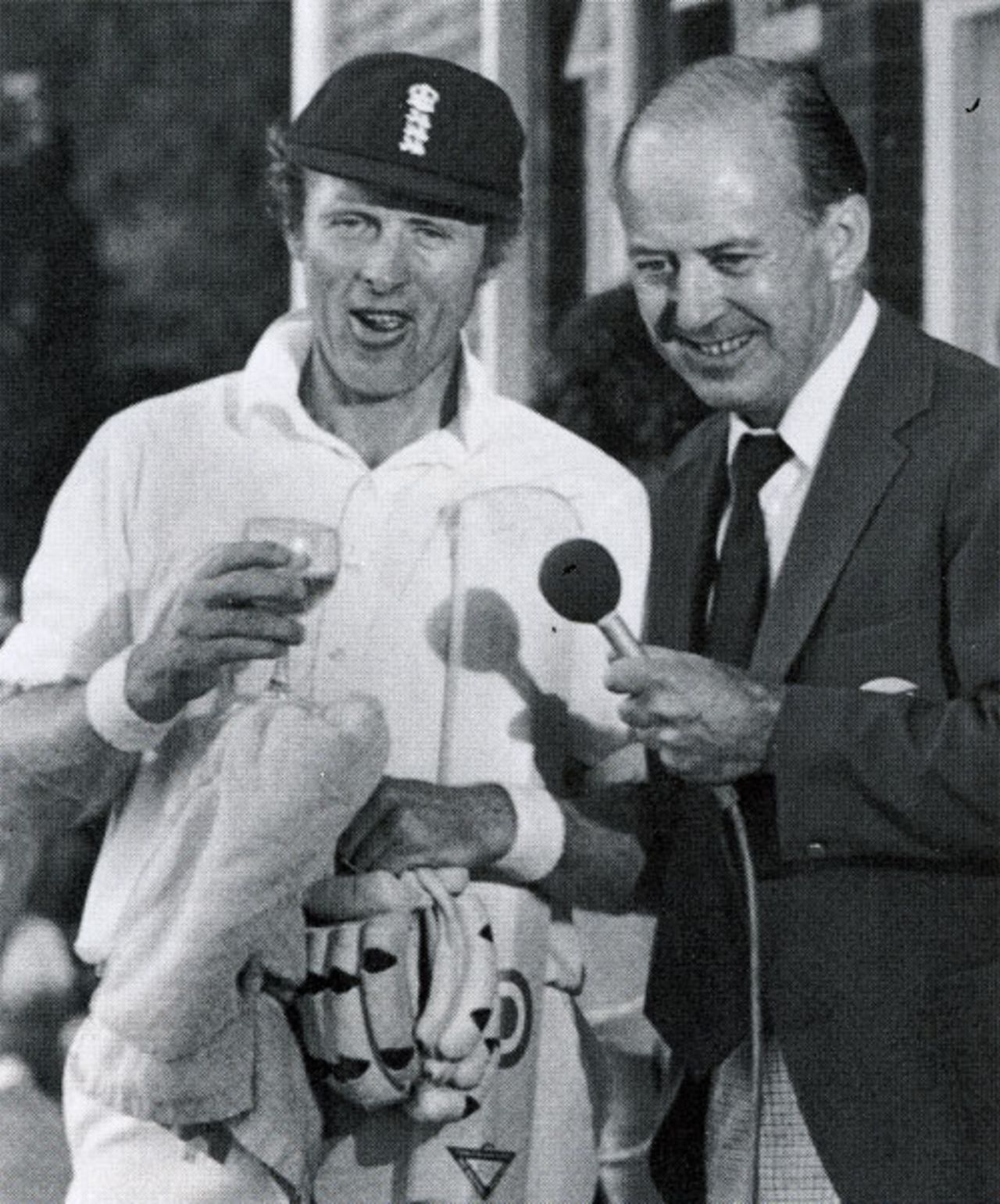Geoff Boycott  is interviewed by BBC anchorman Peter West at the close of play after reaching his 100th hundred, England v Australia, 4th Test, Headingley, 1977