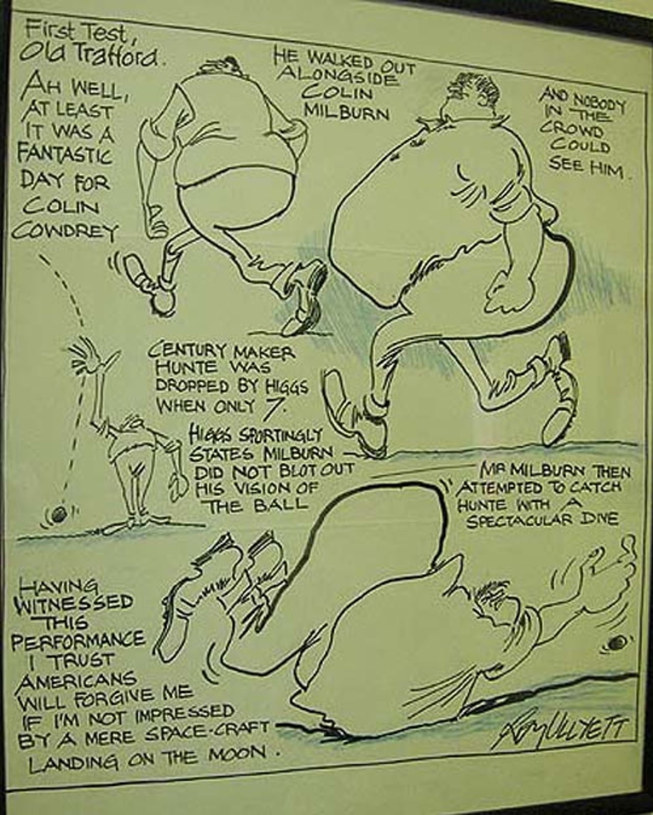 A caricature depicts Colin Milburn's debut match, Northampton County Cricket Club, August 18, 2007
