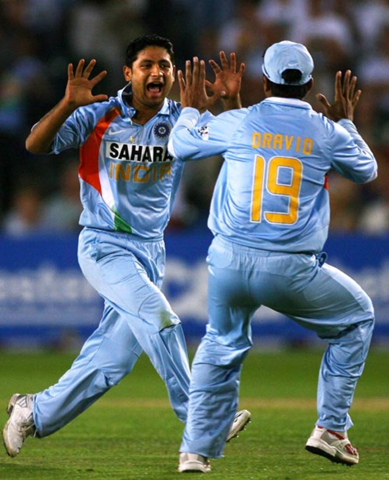 Rahul Dravid and Piyush Chawla celebrate the dismissal of Kevin Pietersen, England v India, 2nd ODI, Bristol, August 24, 2007