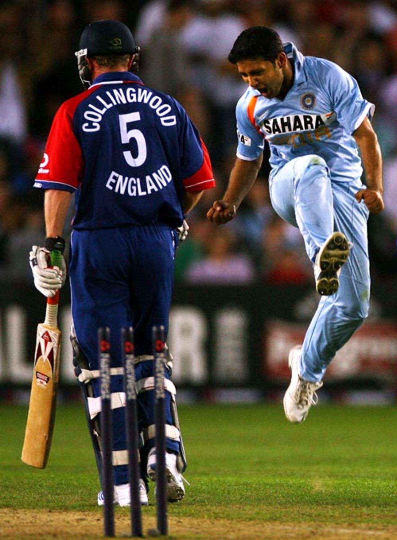 An ecstatic Piyush Chawla celebrates the wicket of Paul Collingwood , England v India, 2nd ODI, Bristol, August 24, 2007