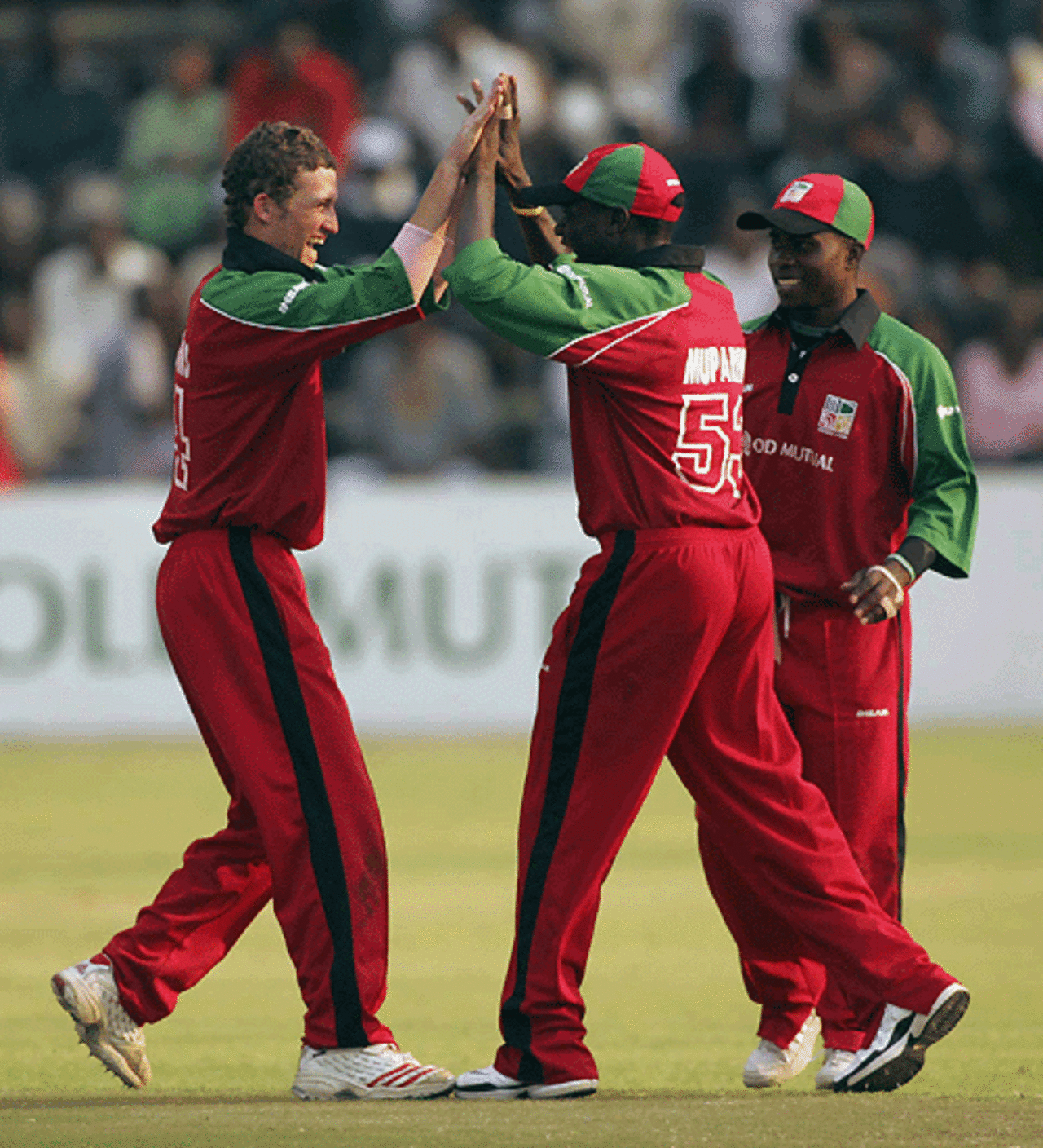 Sean Williams celebrates with team-mates after taking Herschelle Gibbs's wicket, Zimbabwe v South Africa, 2nd ODI, Harare, August 25, 2007