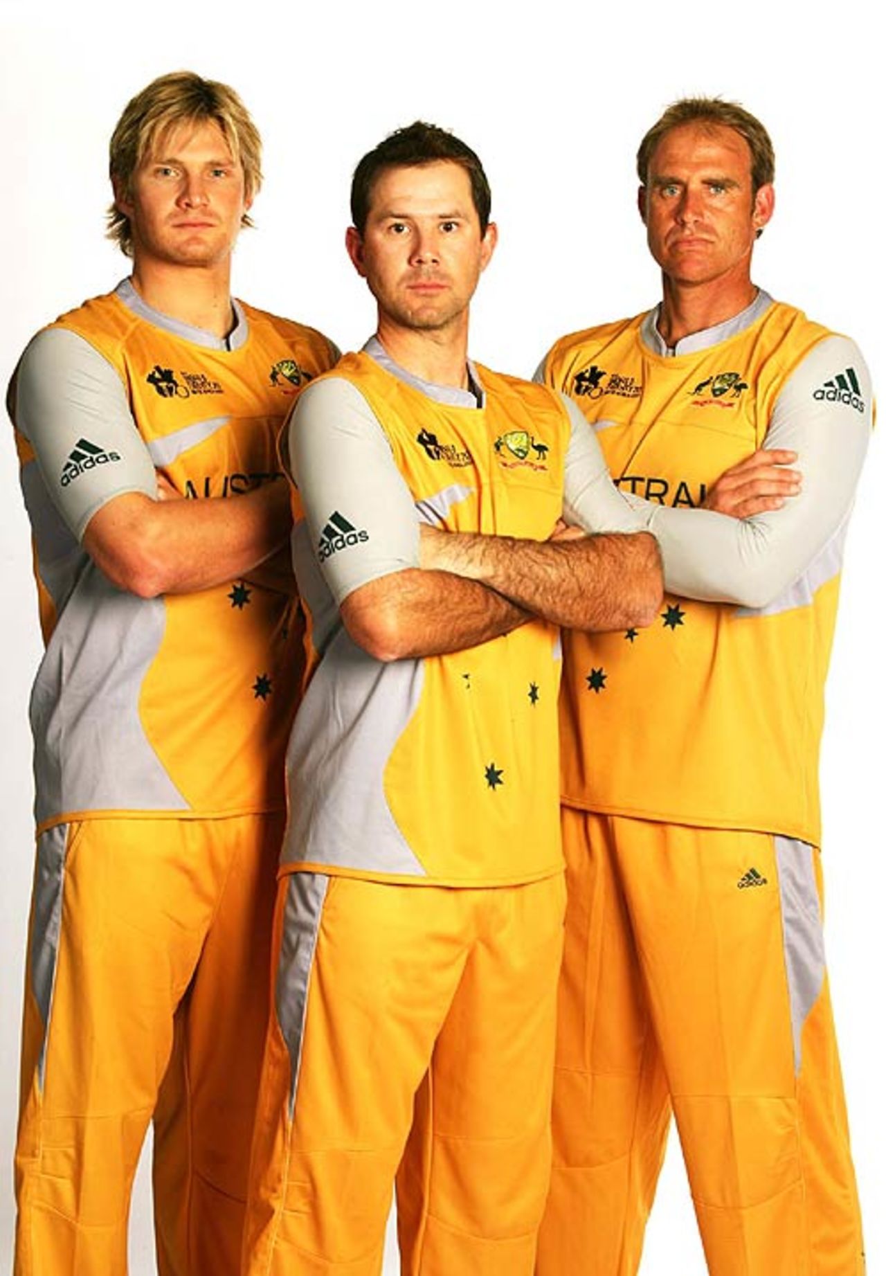 Shane Watson, Ricky Ponting and Matthew Hayden in Australias new sleeveless Twenty20 uniform, which has been designed to increase muscle support and keep the players cool, August 29, 2007