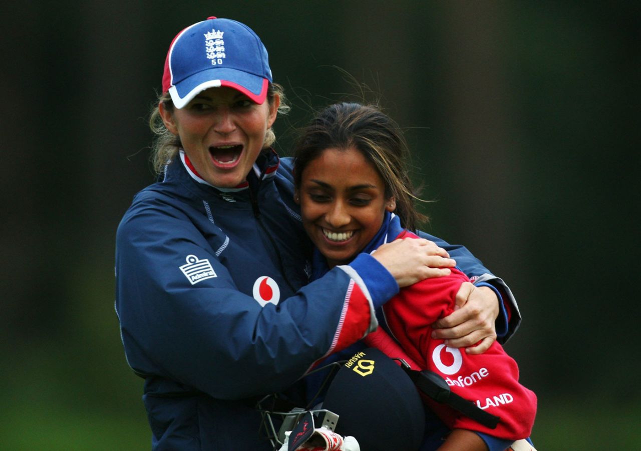 Charlotte Edwards hugs Isa Guha after England's victory, England Women v New Zealand Women, 6th ODI, Shenley, August 30, 2007 
