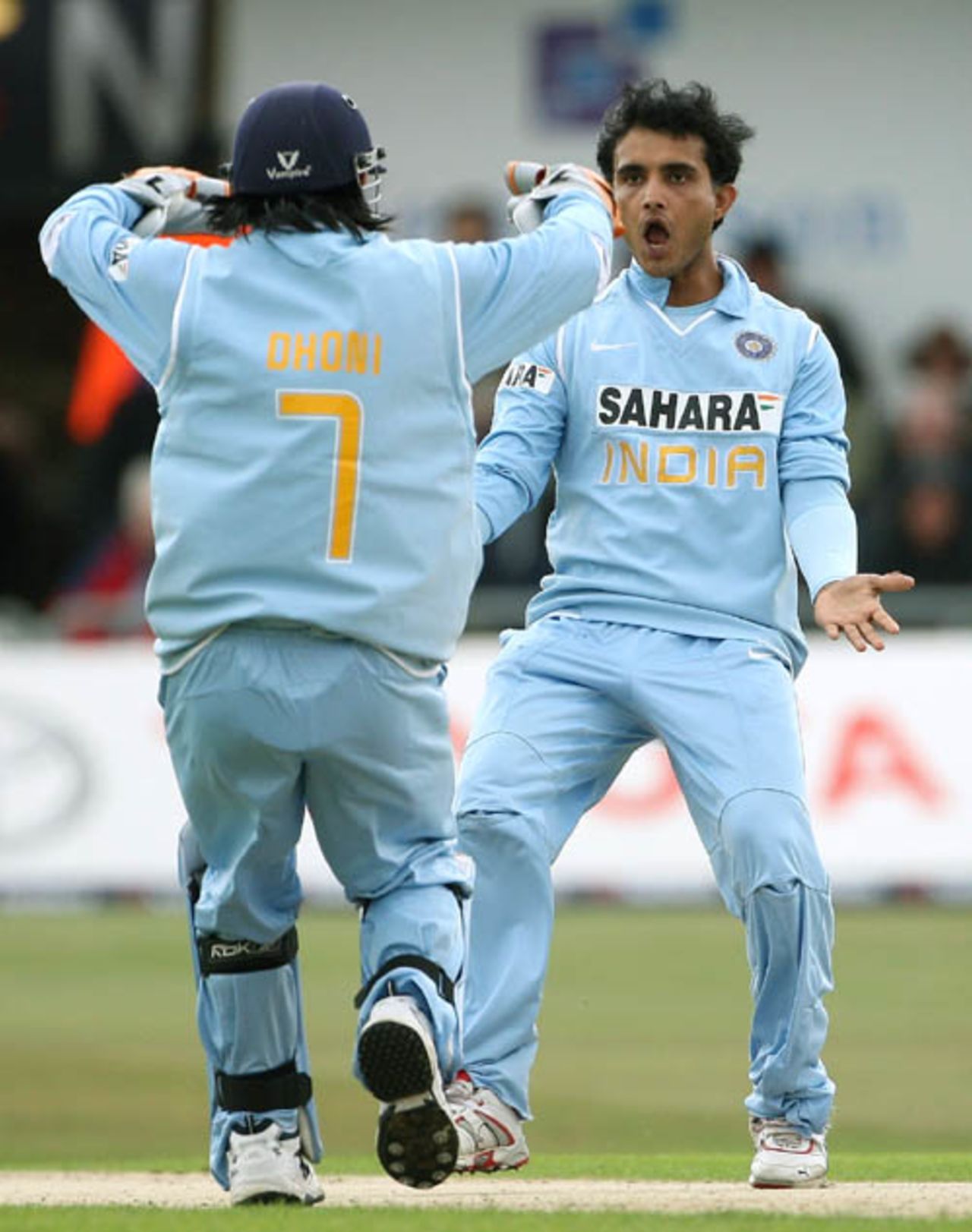 Mahendra Singh Dhoni and Sourav Ganguly celebrate Matt Prior's wicket, England v India, 5th ODI, Headingley, September 2, 2007