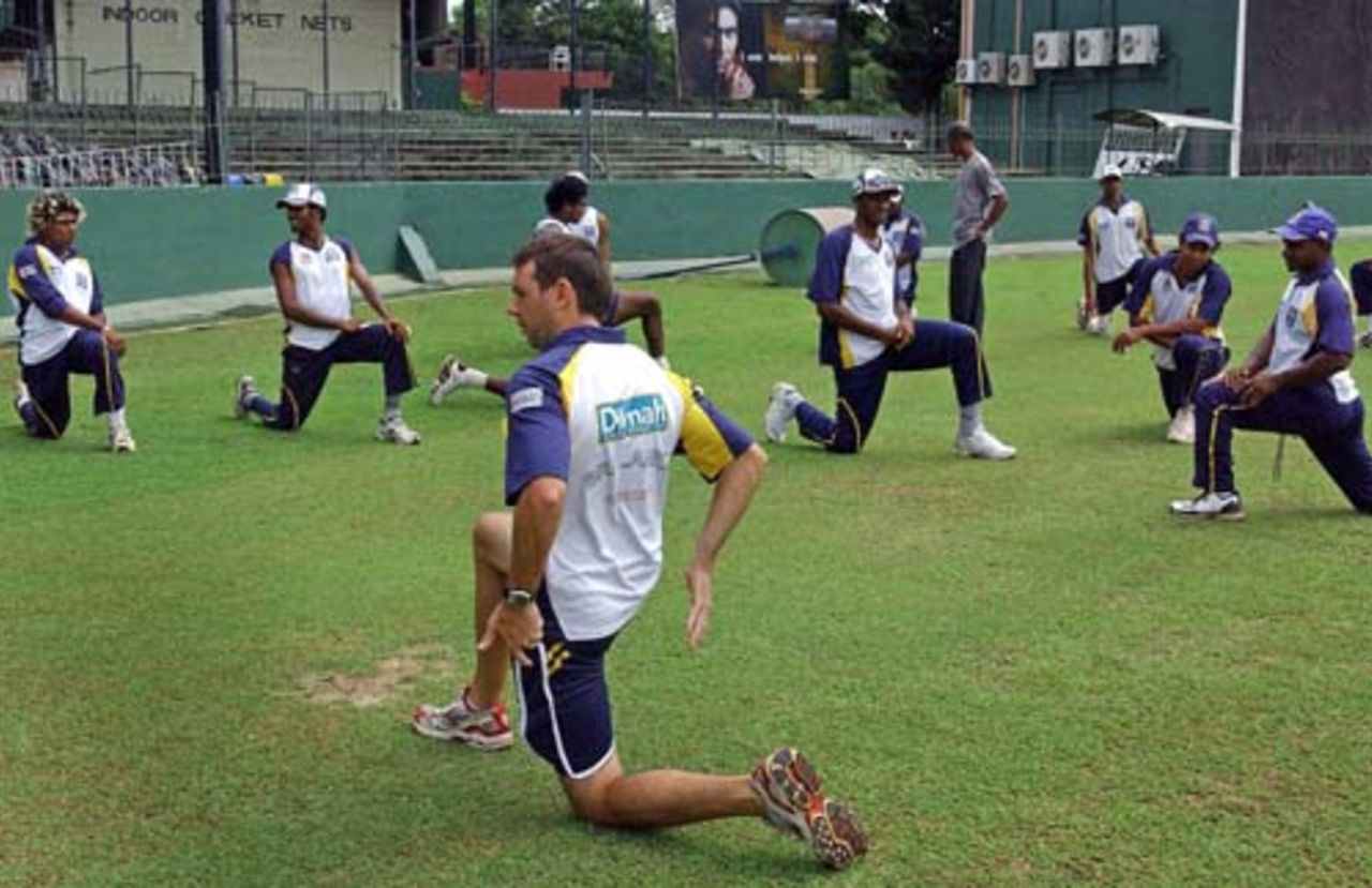 Jade Roberts, the new trainer of the Sri Lanka team, leads a warm-up session in the run-up to the Twenty20 World Championship, SSC, Colombo, September 3, 2007