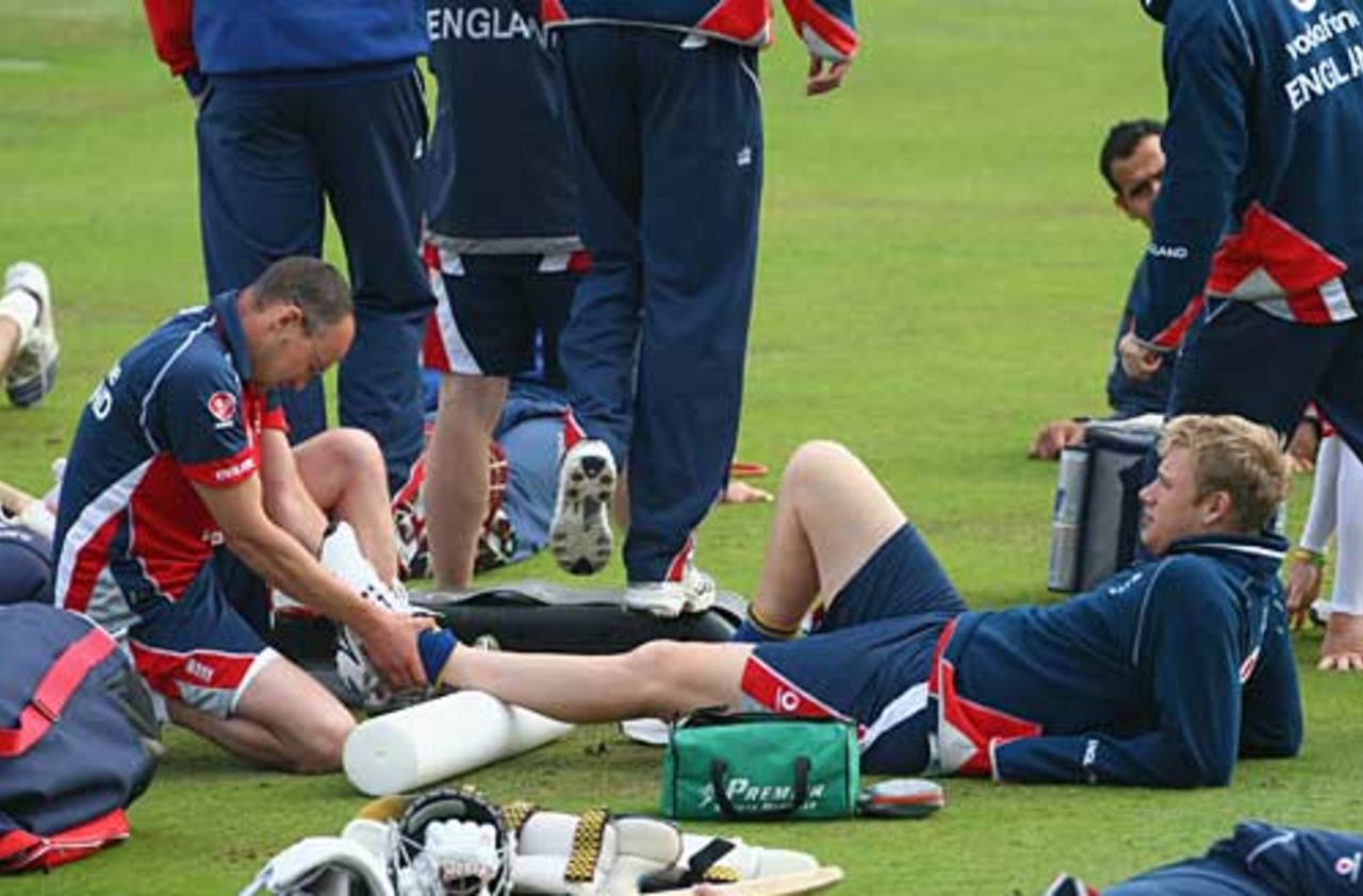 England's medical team look at Andrew Flintoff's ankle, The Oval, September 4, 2007