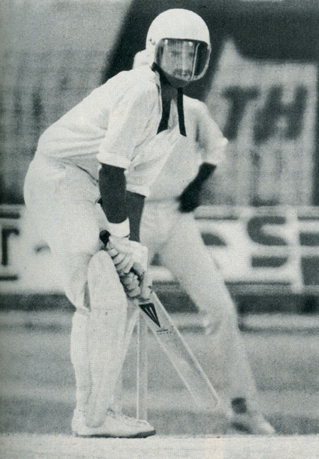 Graham Yallop takes guard in a helmet, the first man to wear one in a Test. He was roundly booed by the crowd, West Indies v Australia, 2nd Test, Barbados, March 17, 1978