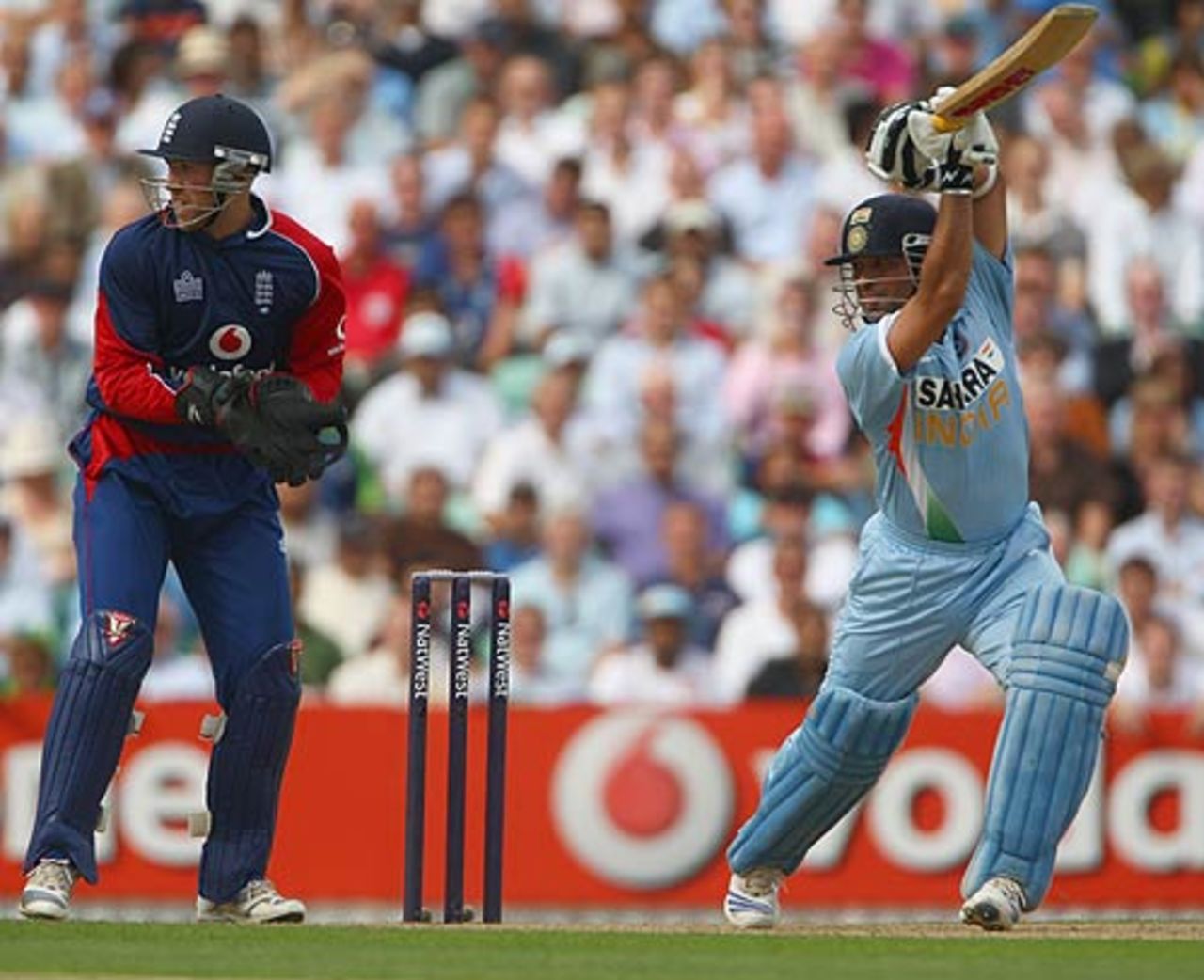 Sachin Tendulkar drives uppishly and finds the gap on the off side, England v India, 6th ODI, The Oval, September 5, 2007
