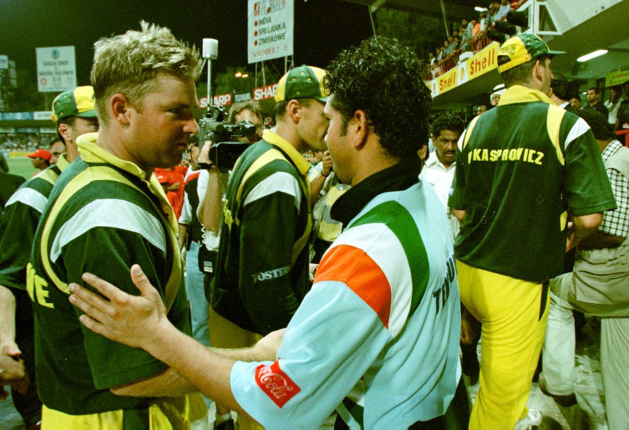 Shane Warne greets Sachin Tendulkar after India's victory in the final, Australia v India, Sharjah, April 24, 1998