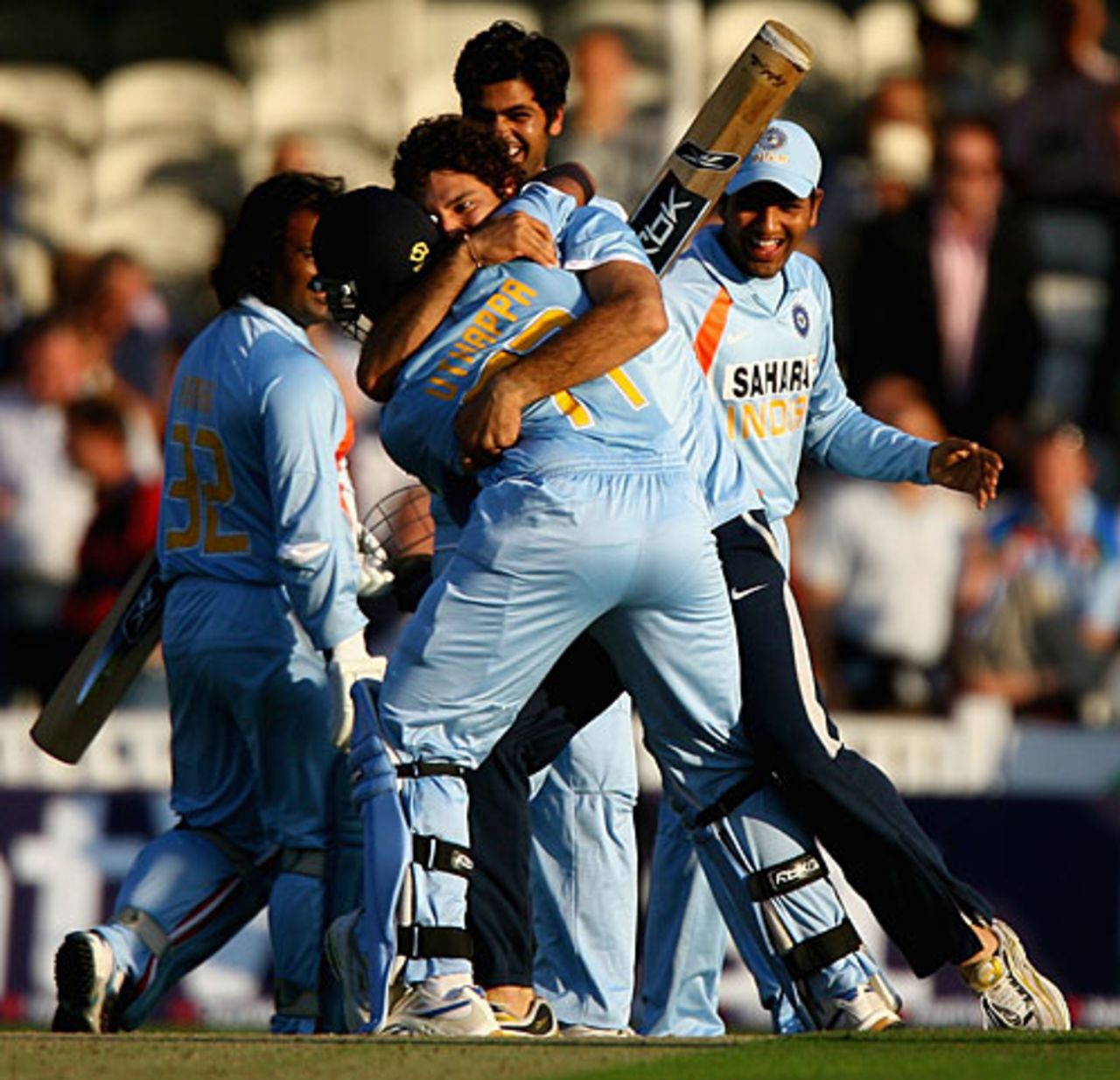 The Indians mob Robin Uthappa after a tense victory, England v India, 6th ODI, The Oval, September 5, 2007